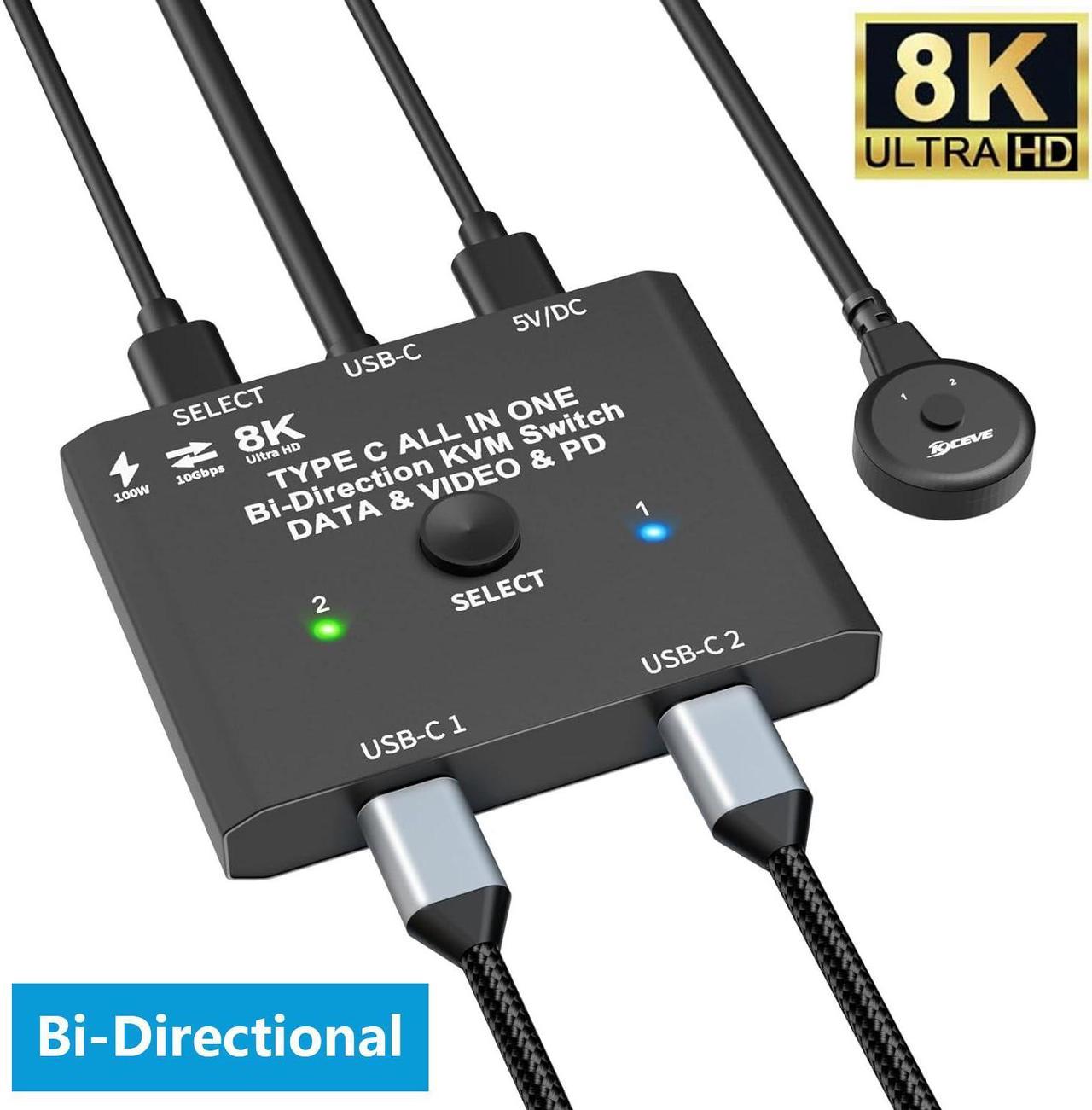 USB C Switch, Bi-Directional USB C Switcher for 2 Laptops, USB Type C KVM Switch 8K@60Hz 4K@120Hz Video/10Gbps Data Transfer/100W Charging, 2 USB-C Cables and Remote Controller Included