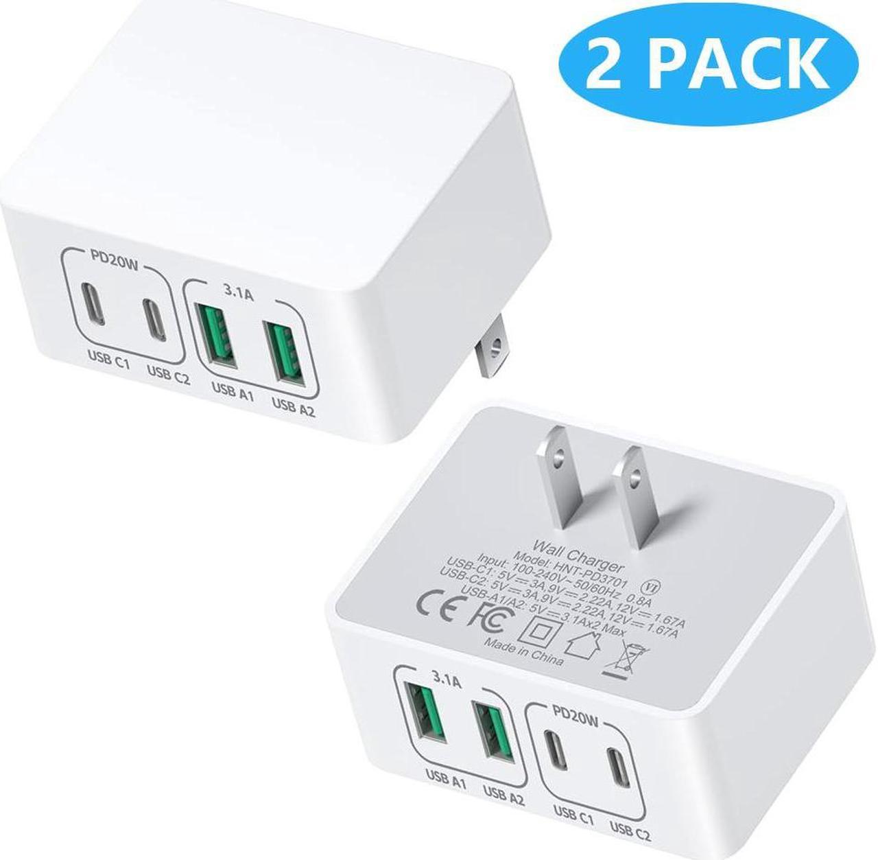 SMA [2 PACK] Flat USB C Wall Charger Plug, 4 Ports Total 40W USB C Fast Charging Block Multi USB-A & USB-C Ports Charger Block, QC +PD 3.0 Power Adapter Type C Wall Plug for iPhone Android Cellphones