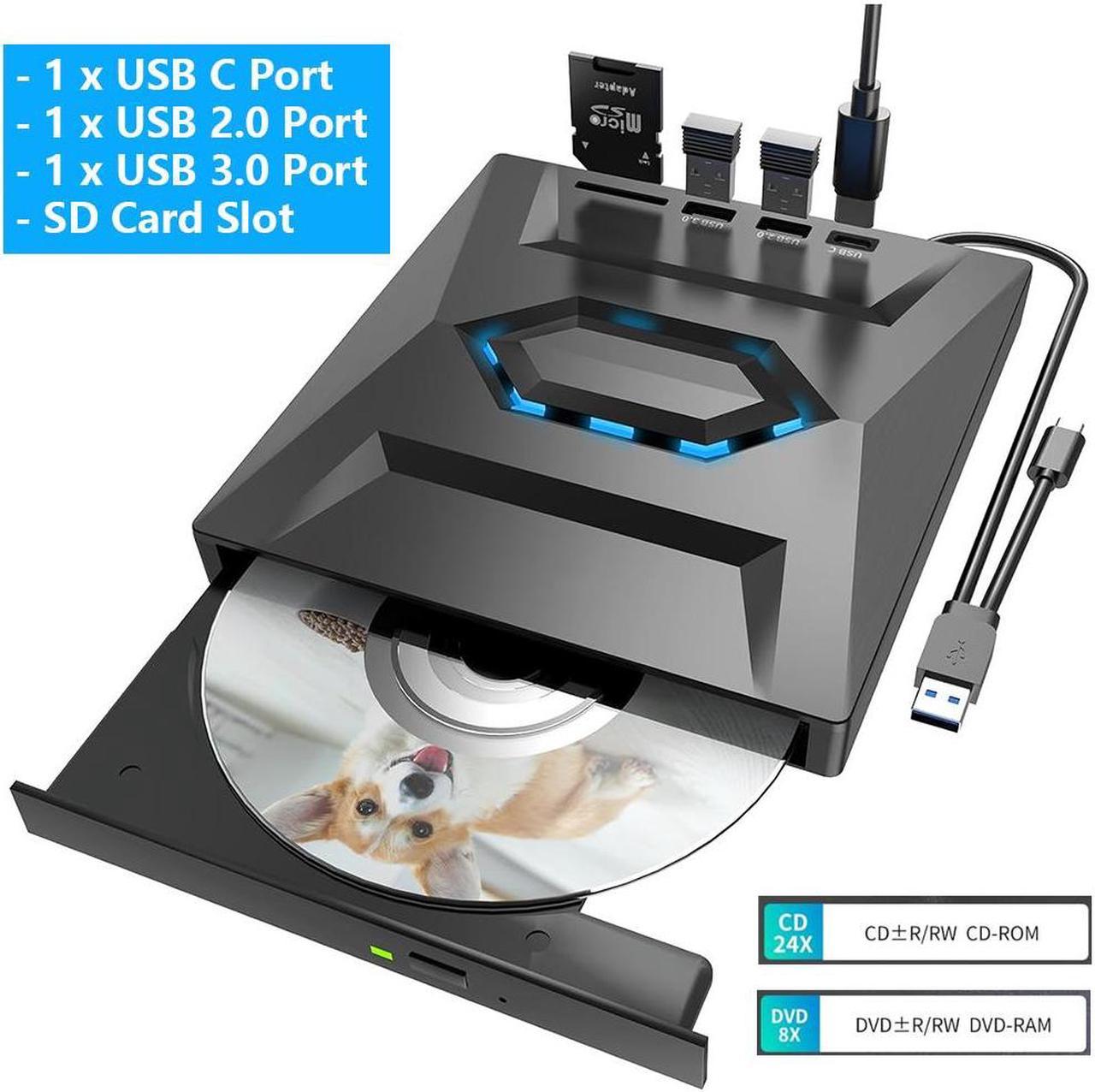 SMA External CD DVD Drive, 5 in 1 USB 3.0 & USB C Portable CD/DVD +/-RW Burner DVD Player for Laptop with SD Card Reader USB 3.0 Type C Hub Compatible with Laptop Desktop PC Windows Linux, MacOS