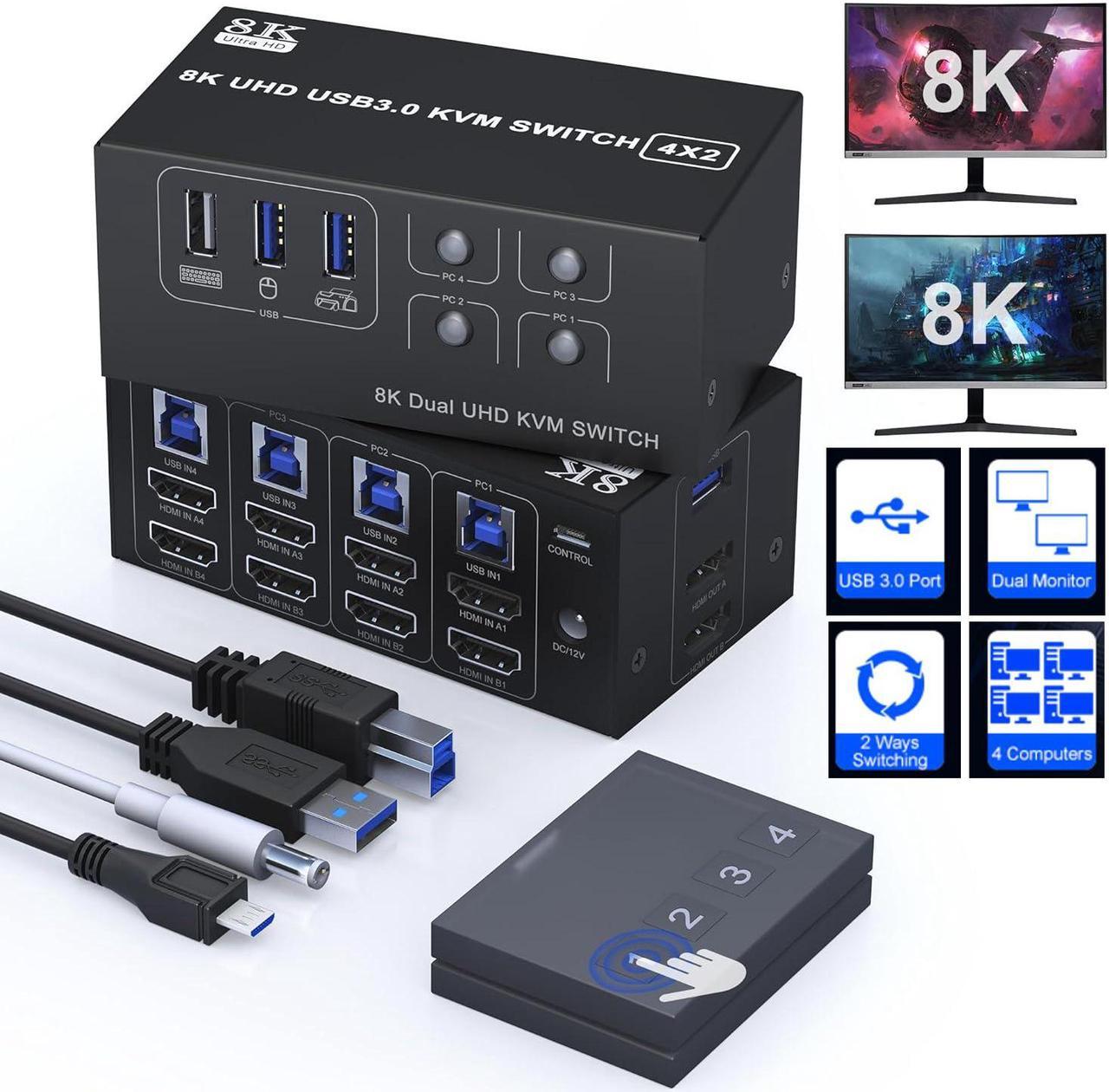 SMA Dual Monitor HDMI KVM Switch 2 Monitors 4 Computers, 8K@60Hz 4K@120Hz HDMI USB 3.0 KVM Switcher PC Extended Display for 4 Computers Share 4 USB Devices - 4 in 2 Out HDMI KVM Switch for 4 PCs