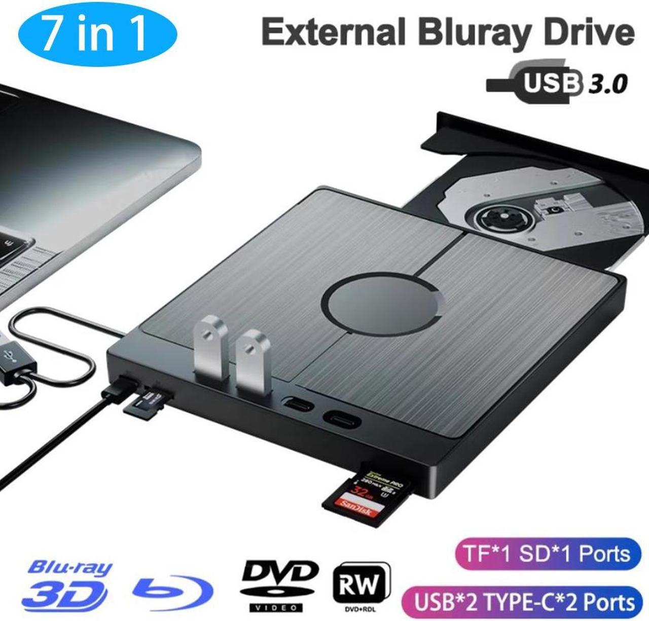 SMA [7 in 1] External Bluray Drive, USB 3.0 Type-C 3D Blu-ray DVD Burner Slim Optical Drive External Bluray CD/DVD Burner with SD/TF Card Ports, Compatible with Windows XP/7/8/10/11 Mac Laptop Desktop