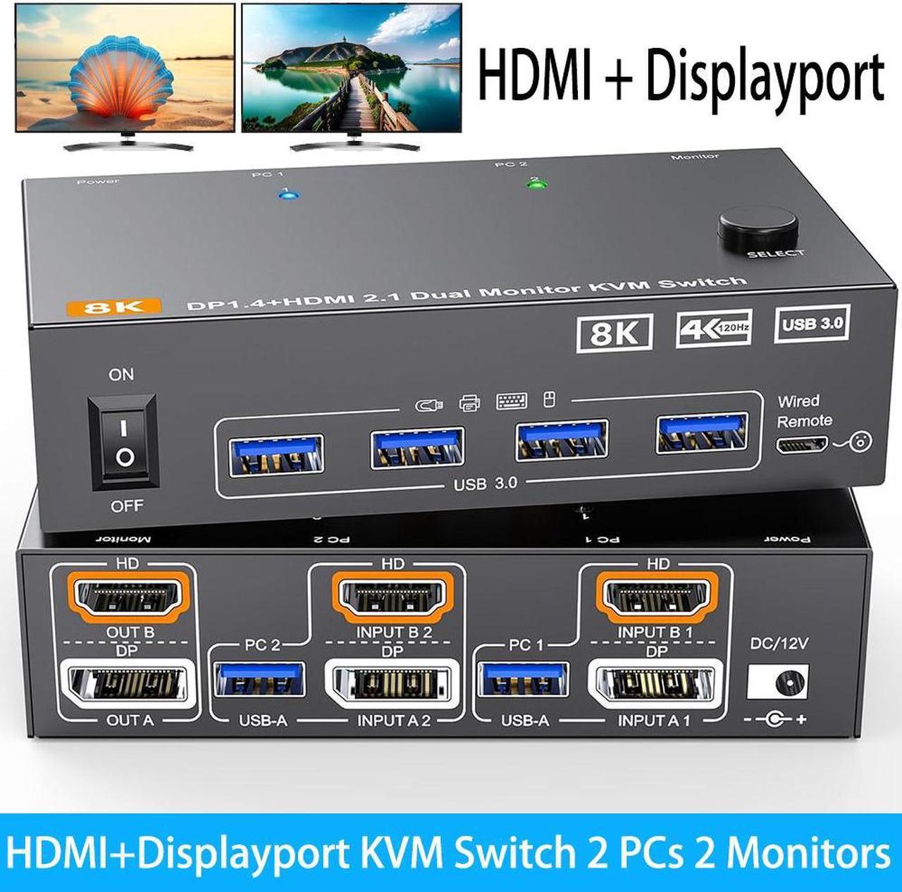 SMA  2 Port HDMI + Displayport Dual Monitor KVM Switch, 8K@60Hz 4K@144Hz HDMI+DP USB 3.0 KVM Switch Extended Display 2 Monitors 2 Computers with 4 USB 3.0 Ports, USB Cables & Wired Controller included