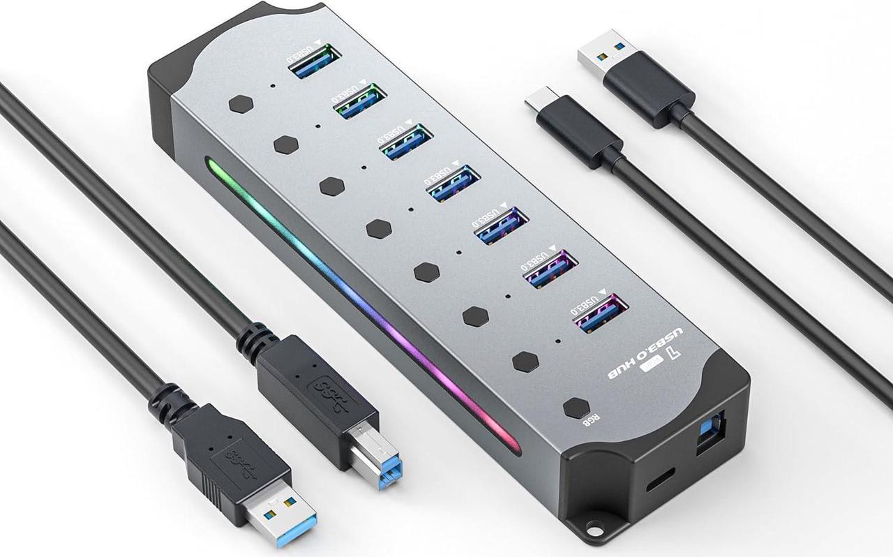 SMA USB 3.0 USB Hub, 7-Ports USB 3.0 RGB Hub with 14 Color RGB LED Strip, Three Dynamic Modes, Independent Button Switches, Aluminum Gaming USB Hub 3.0 for PC and Laptops