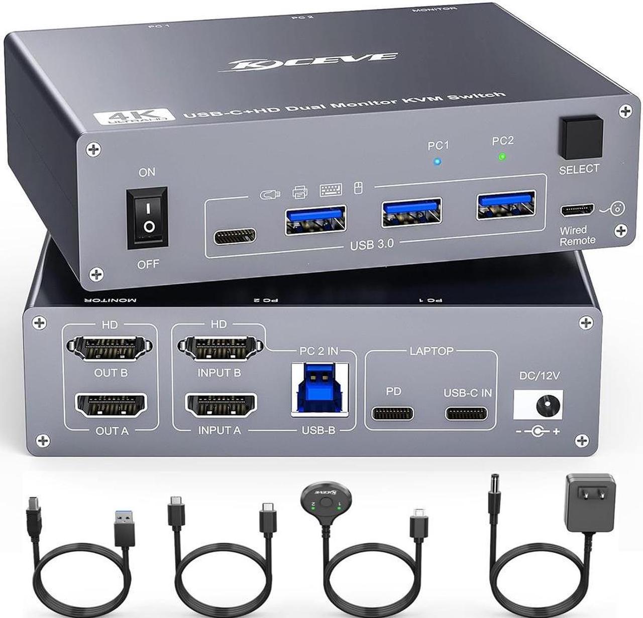 SMA KVM Switch 2 Monitors 2 Computers USB C HDMI, Dual Monitor HDMI USB 3.0 Type C KVM Switcher Supports 4K@60Hz for 2 Computers Share Keyboard, Mouse and 2 HDMI Monitors, with Wired Remote