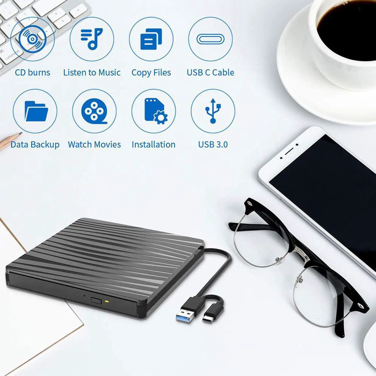 Alt view image 7 of 7 - [ Upgraded ] External CD DVD Drive, USB 3.0 & Type C External DVD CD Player, Plug & Play Burner Data Transfer DVD Player for Laptop Notebook PC Support Windows/Vista/7/8/10, Mac OS & Linux