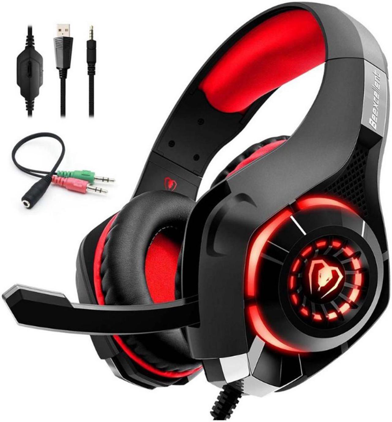 Gaming Headset for PS4, Xbox One Controller, PC, Over Ear Headphones with Noise Cancelling Mic, Soft Memory Earmuffs, LED Light, Stereo Bass Surround Sound for Nintendo Switch Laptop Mac