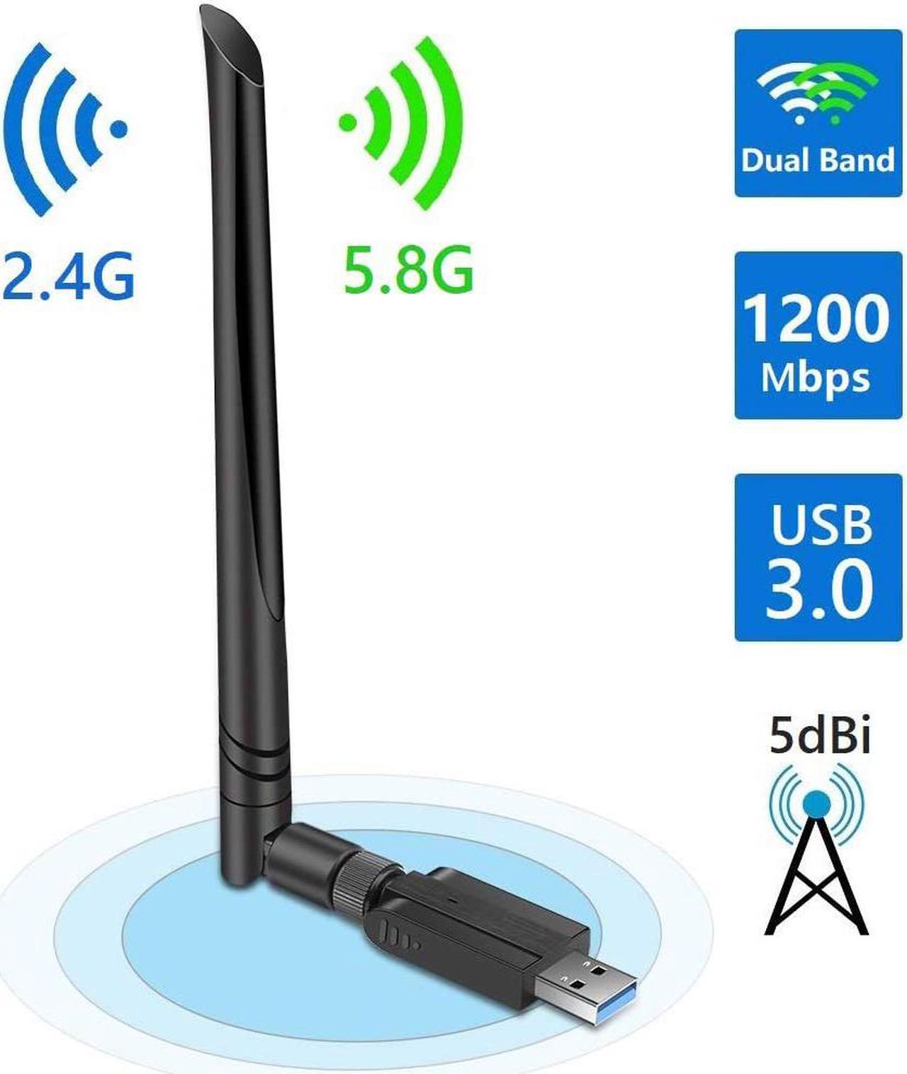 USB WiFi Adapter 1200Mbps,  USB 3.0 Wireless Network Adapter, 802.11ac WiFi Dongle with Dual Band 2.4GHz 5.8GHz, 5dBi Antenna, Supports Windows 10 8 7 Vista XP, Mac10.6-10.13, Linux