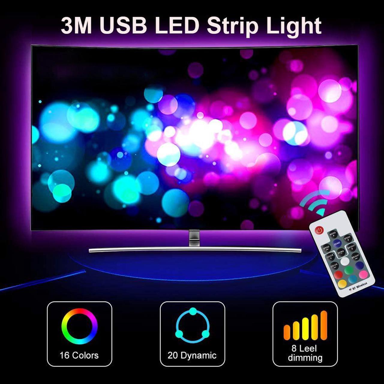 TV Backlight Kit Bias Lighting for TV, 3M / 9.8FT LED Strip Lights USB Powered LED Light Strip RF Remote for TV, Desktop PC - Reduce Eye Strain Increase Image Clarity