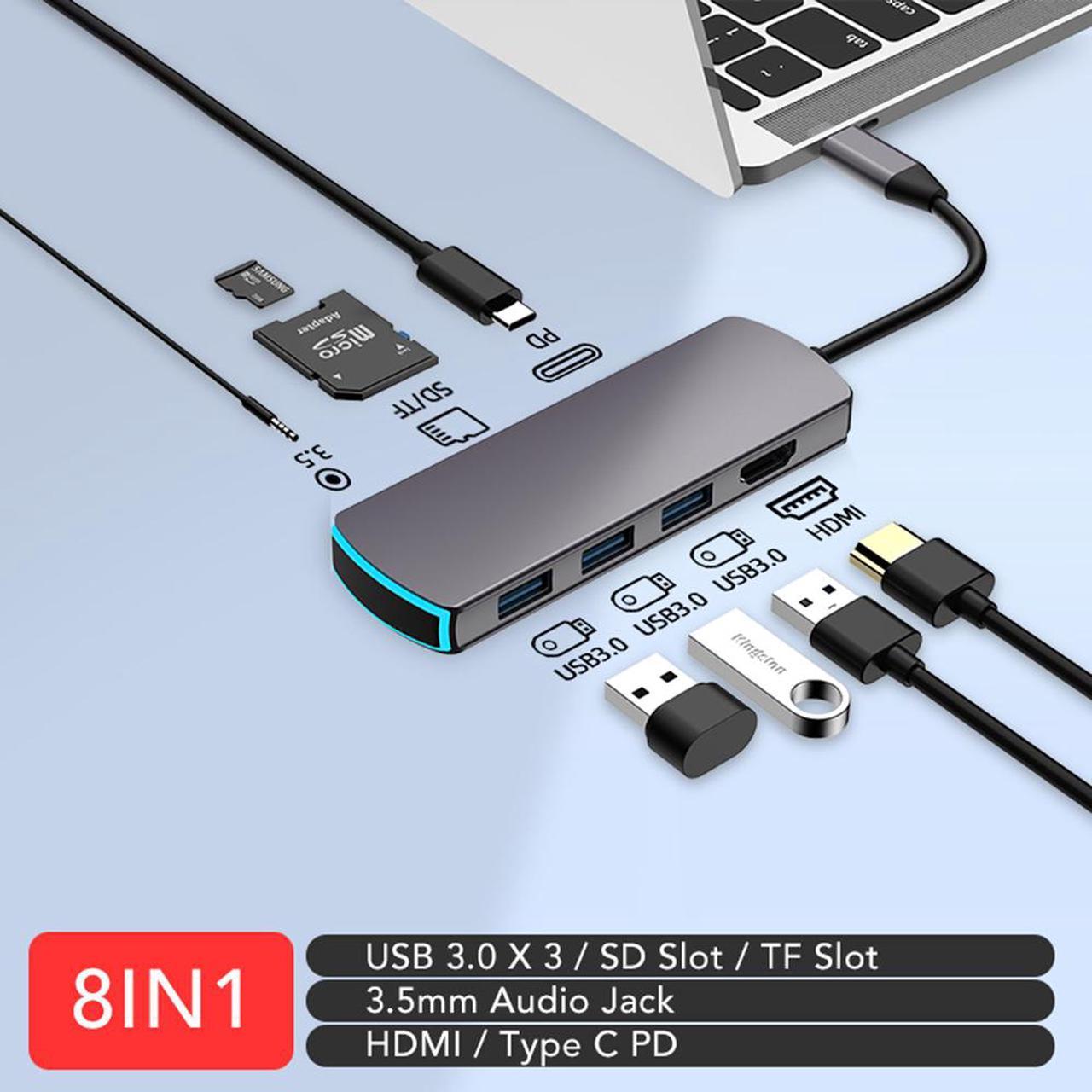 8-in-1 USB HUB Type C Docking Station USB 3.0 HDMI SD Slot TF Slot 3.5mm Jack Type C PD For Surface Go/Mac Pro