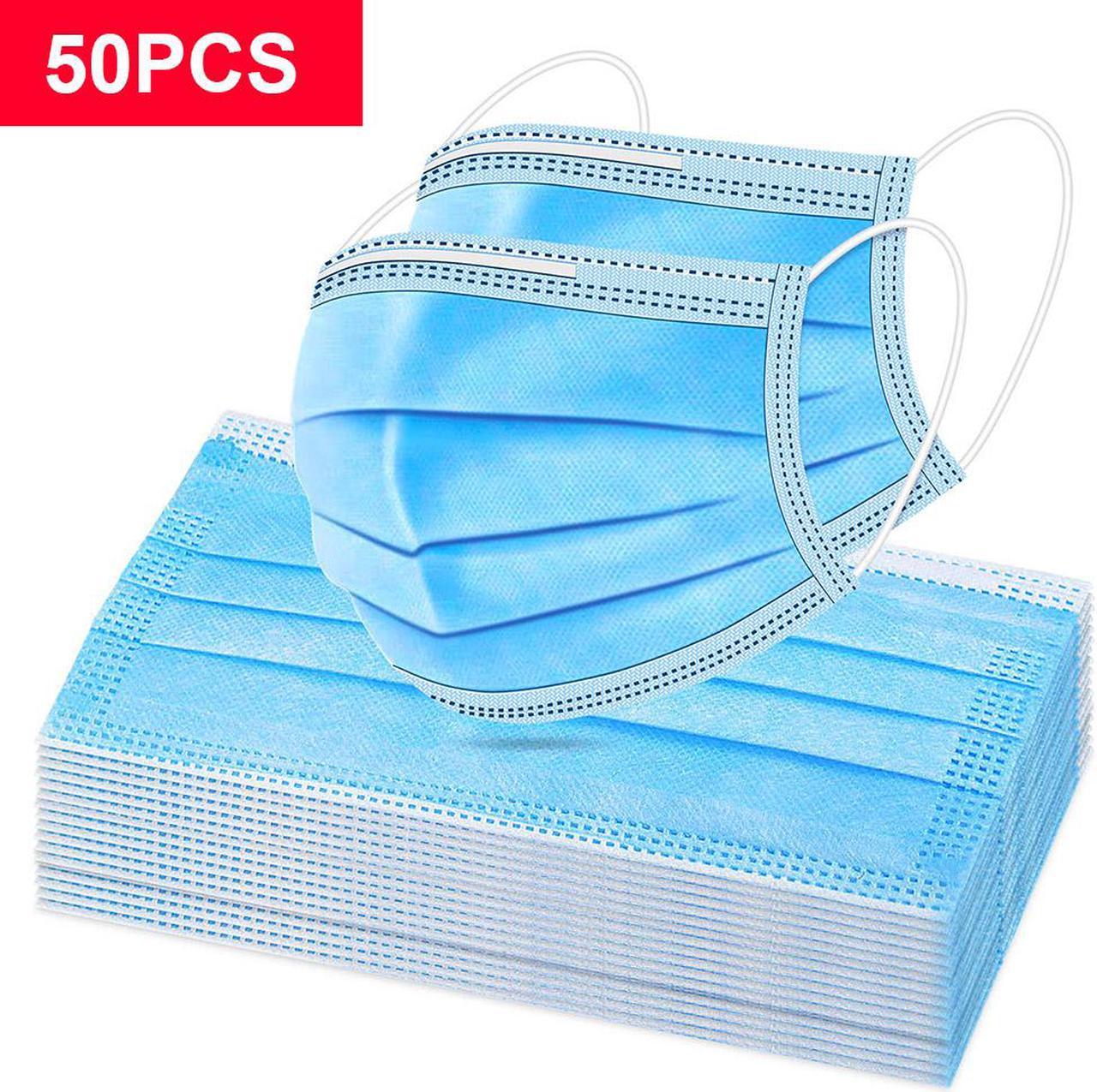 50 Pieces Disposable Face Masks, Breathable 3-ply Facial Mask for Women Men, Safety Masks Face Covers for Home, Office, Travel, Outdoor (Color: Blue, 50pcs)