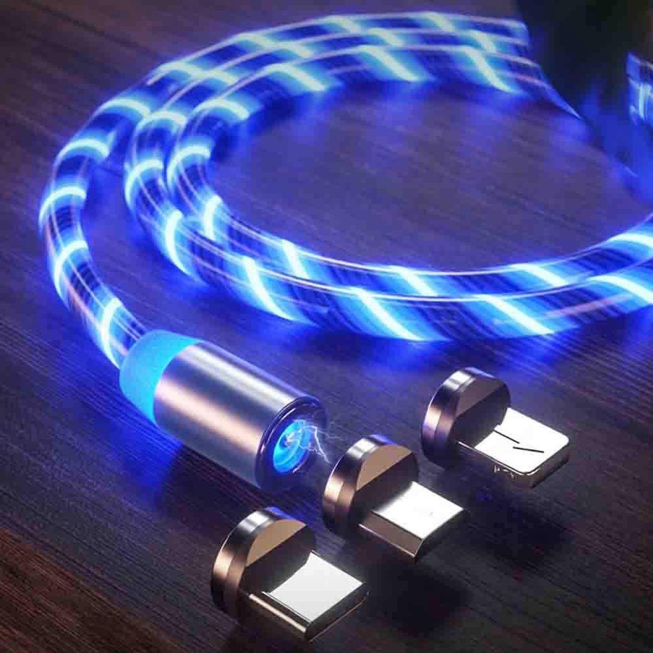 LED Flowing Magnetic Charger Cable Light Charging Cable Magnetic Streamer Absorption USB Snap Quick Connect 3 in 1 USB Cable (1 USB Cable + 3 Magnetic Plugs) (Blue)