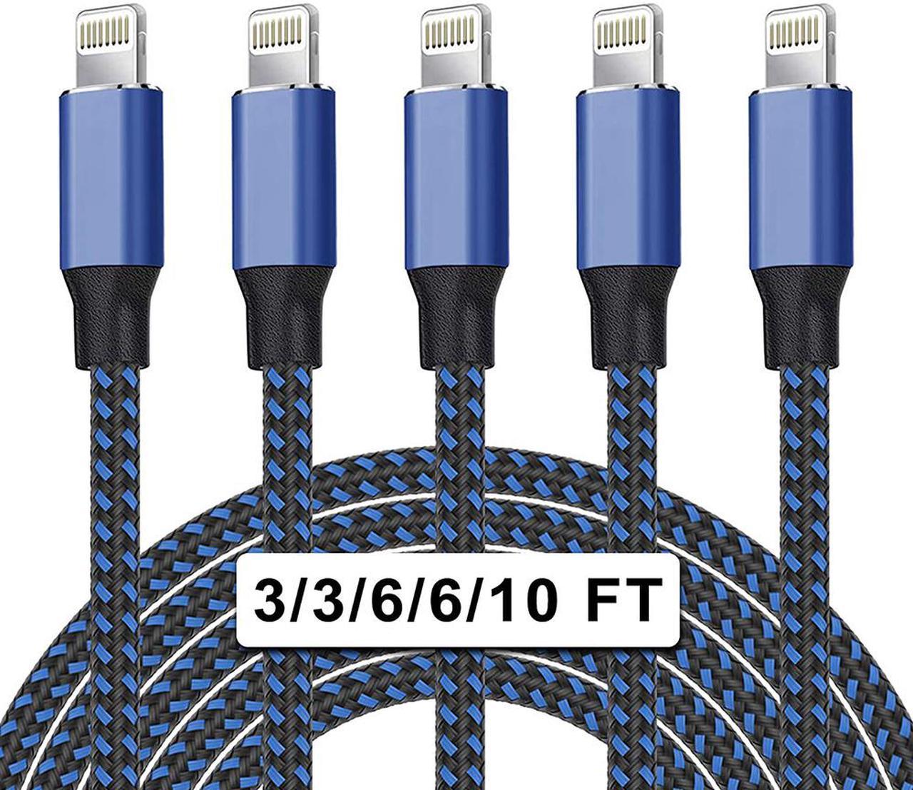 5Pack [3/3/6/6/10ft] Nylon Braided iPhone Charger Lightning Cable Fast Charging&Syncing Long Cord Compatible iPhone 11Pro Max/11Pro/11/XS/Max/XR/X/8/8P/7 and More -Black&Blue