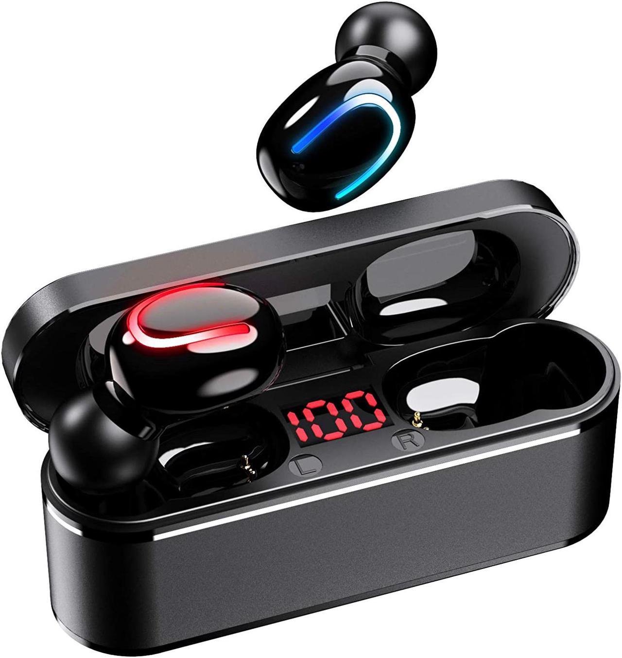 Wireless Headphones, Ultra light mini True Wireless Earbuds with Deep Bass Sound TWS Stereo Built-in Mic IPX7 LED Display cVc 8.0 25H Playtimes Single Twin Mode Bluetooth 5.0 Headphone for Sport,Black