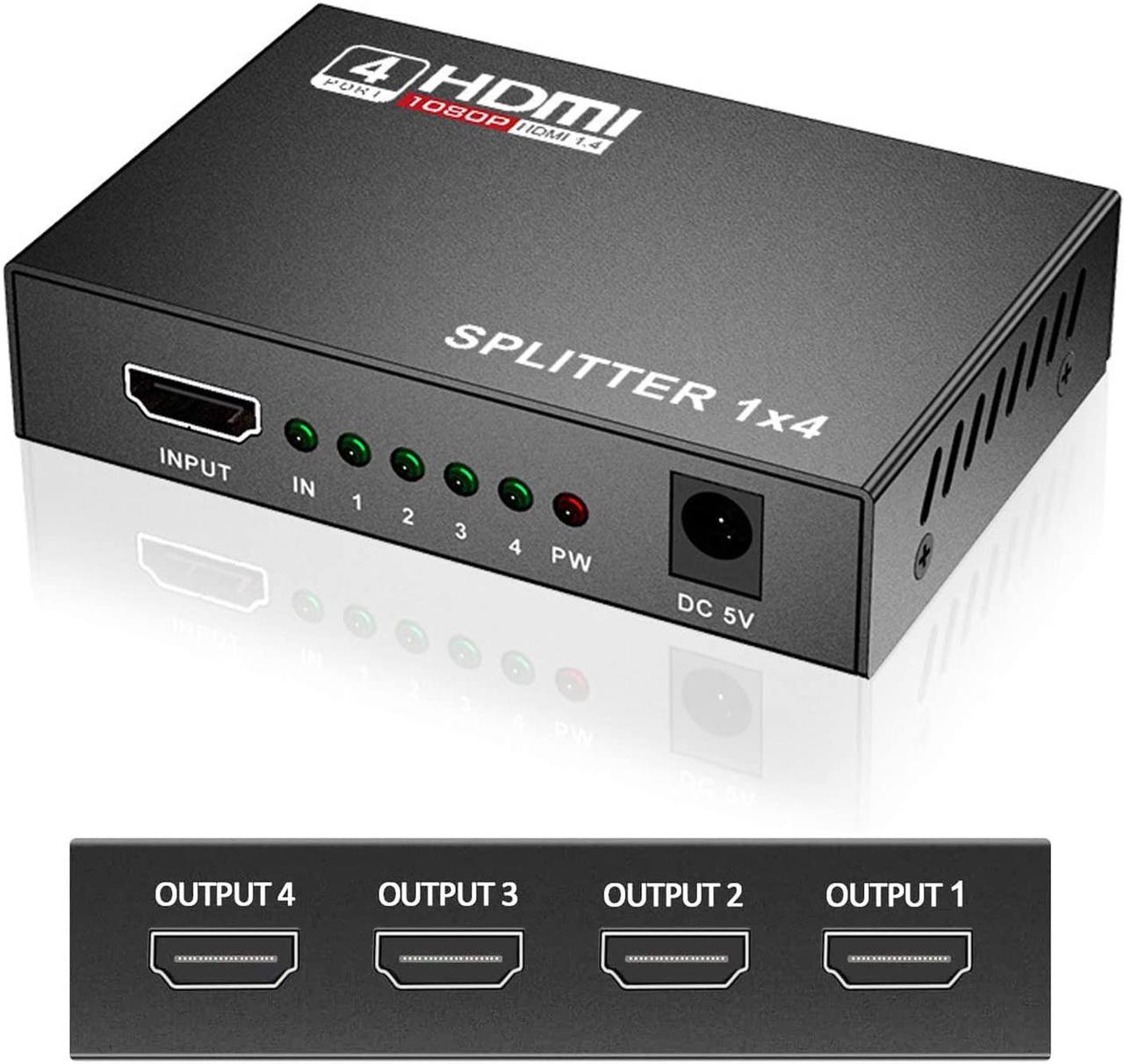 HDMI Splitter 1 in 4 Out, 1x4 HDMI Splitter Audio Video Distributor Box Supports Full HD 1080P 4K/2K and 3D Resolutions Duplicate/Mirror Screen