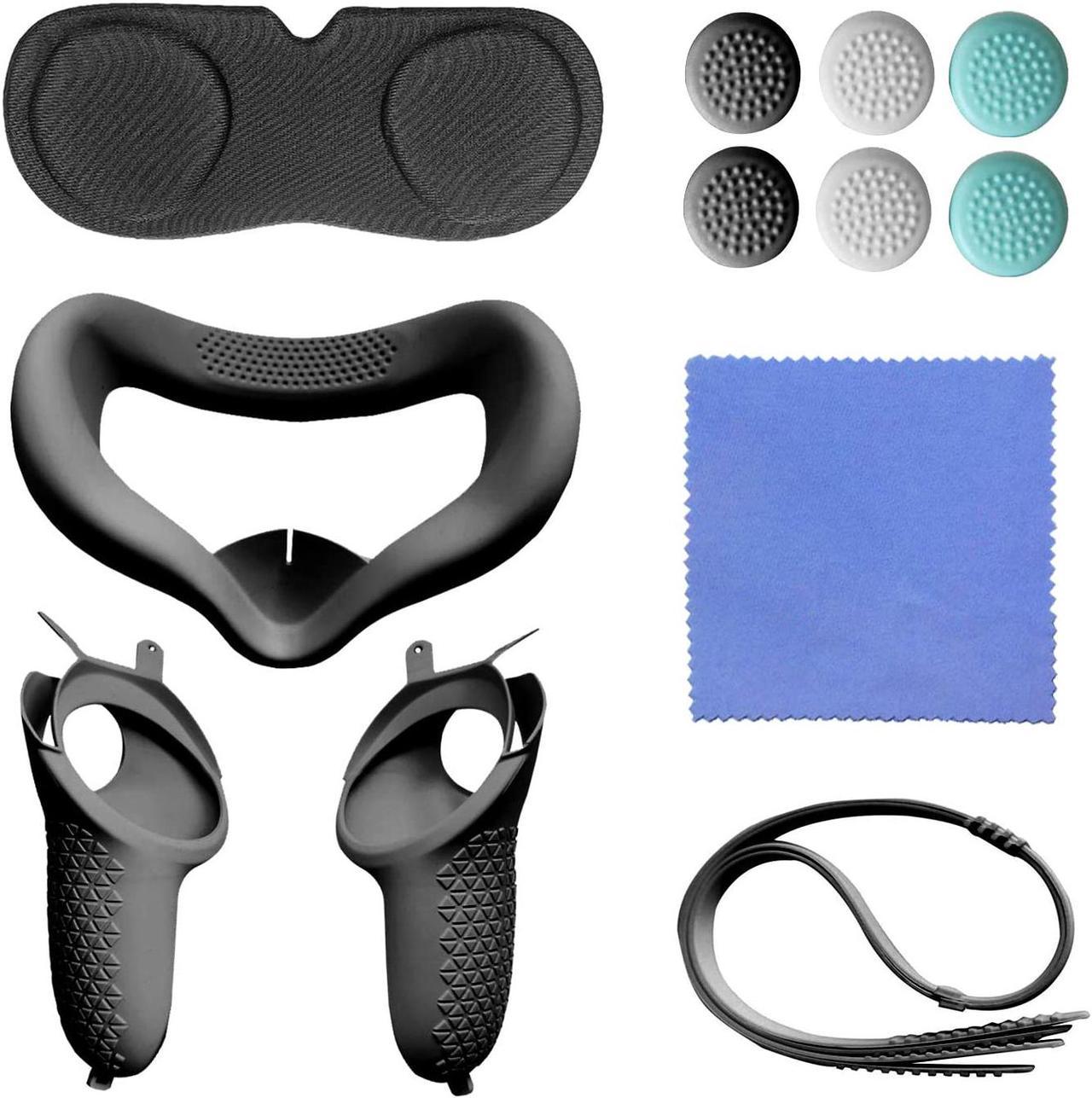 for Oculus Quest 2 Accessories - VR Face Silicone Cover + Touch Controller Grip Cover + Protective Lens dust-Proof Cover + Thumb Button Cap (Black)