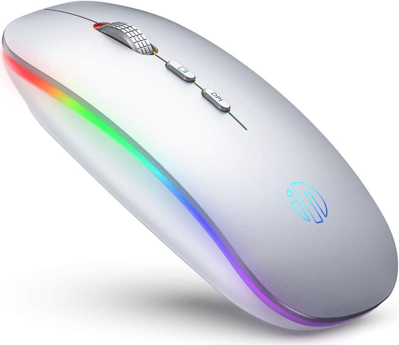 LED Wireless Mouse, Rechargeable Silent 2.4G Wireless Computer Mouse with Home Button, RGB Cordless Mice for Laptop, PC,Mac, Silver