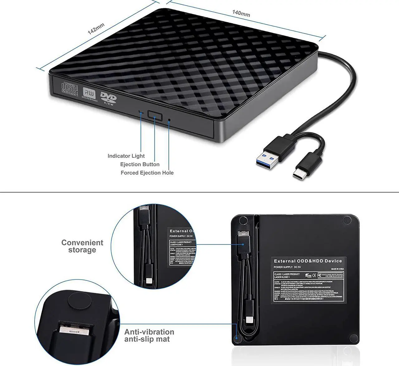 Alt view image 5 of 7 - [New Upgraded] External CD DVD Drive, USB 3.0 and Type-C Portable CD DVD +/-Rw Drive Reader, DVD/CD ROM Burner Rewriter, Slim Optical DVD Drive for Laptop, Desktop, Mac, Macbook, OS/ Windows/ Linux