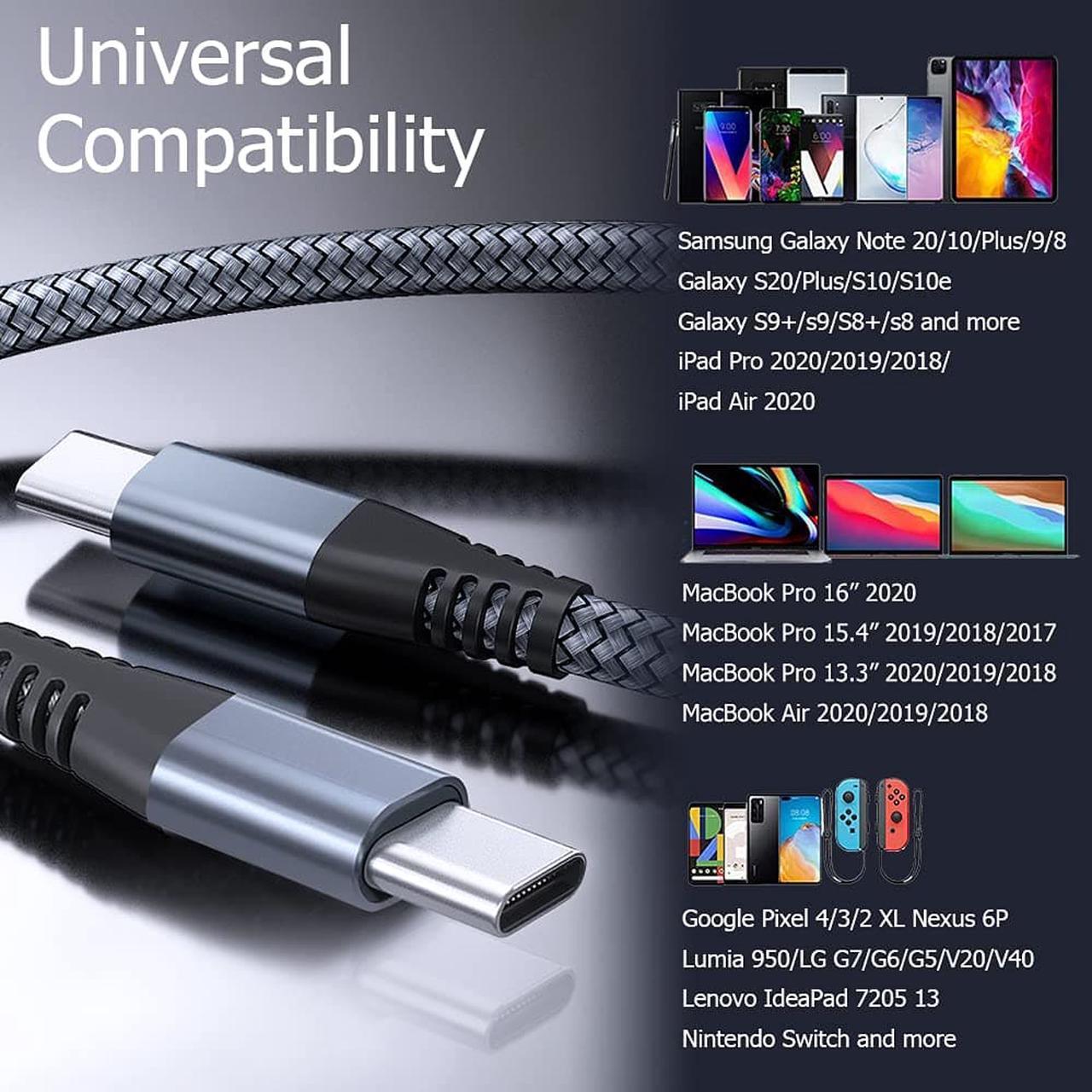 Alt view image 4 of 7 - USB C to USB C Cable 6ft 60w, 3Pack USB C Cable, PD Type C Charging Cable Fast Charging Compatible with MacBook Pro 2020, iPad Pro, iPad Air 4, Galaxy S20, Switch, Pixel, LG and Other USB C Charger