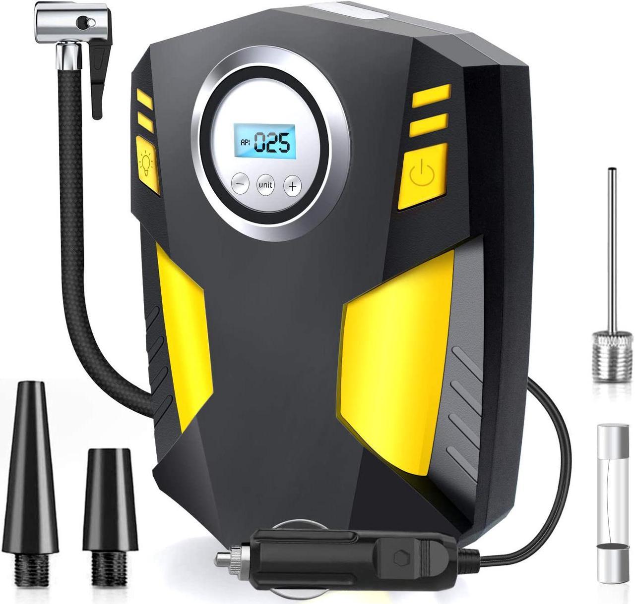 Digital Tyre Inflator 12V for Car, Portable Air Compressor Car Tyre Pump 100PSI Rapid Car Tyre Inflator Air Pump with 30L/Min Air Flow, 3 Nozzle Adaptors and Digital LED Light