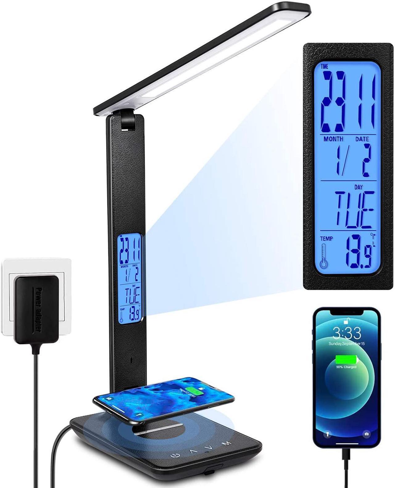 Desk Lamp, LED Desk Lamp with Wireless Charger, USB Charging Port, Adjustable Foldable ?Table Lamp with Clock, Alarm, Date, Temperature, 3-Level Dimmable ?Lighting?, Office Lamp with Adapter