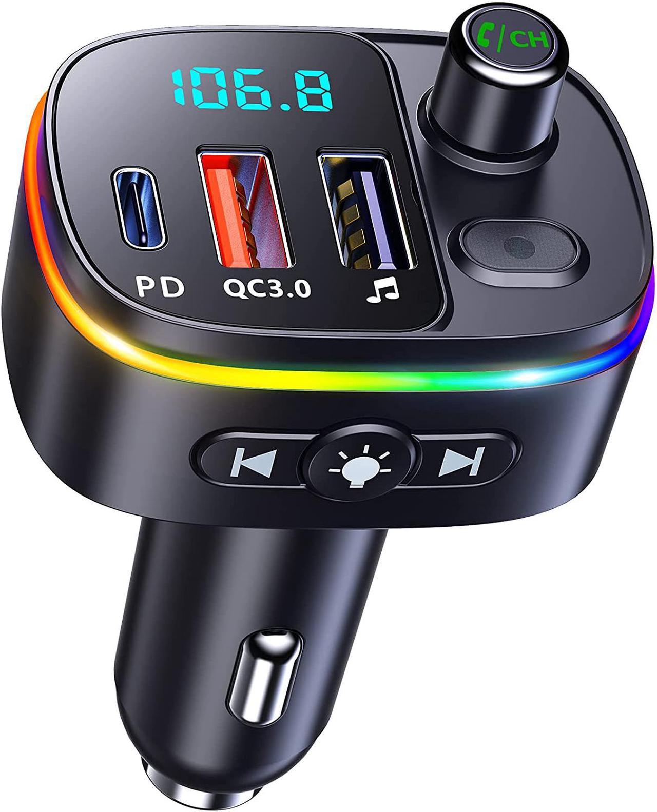 PD 18W & QC3.0 Bluetooth Car Adapter, FM Transmitter Radio Receiver Stereo Music Player with Strong Microphone, 9 RGB LED Backlit, Support Hands-Free Calling, Siri Google Assistant, U Disk