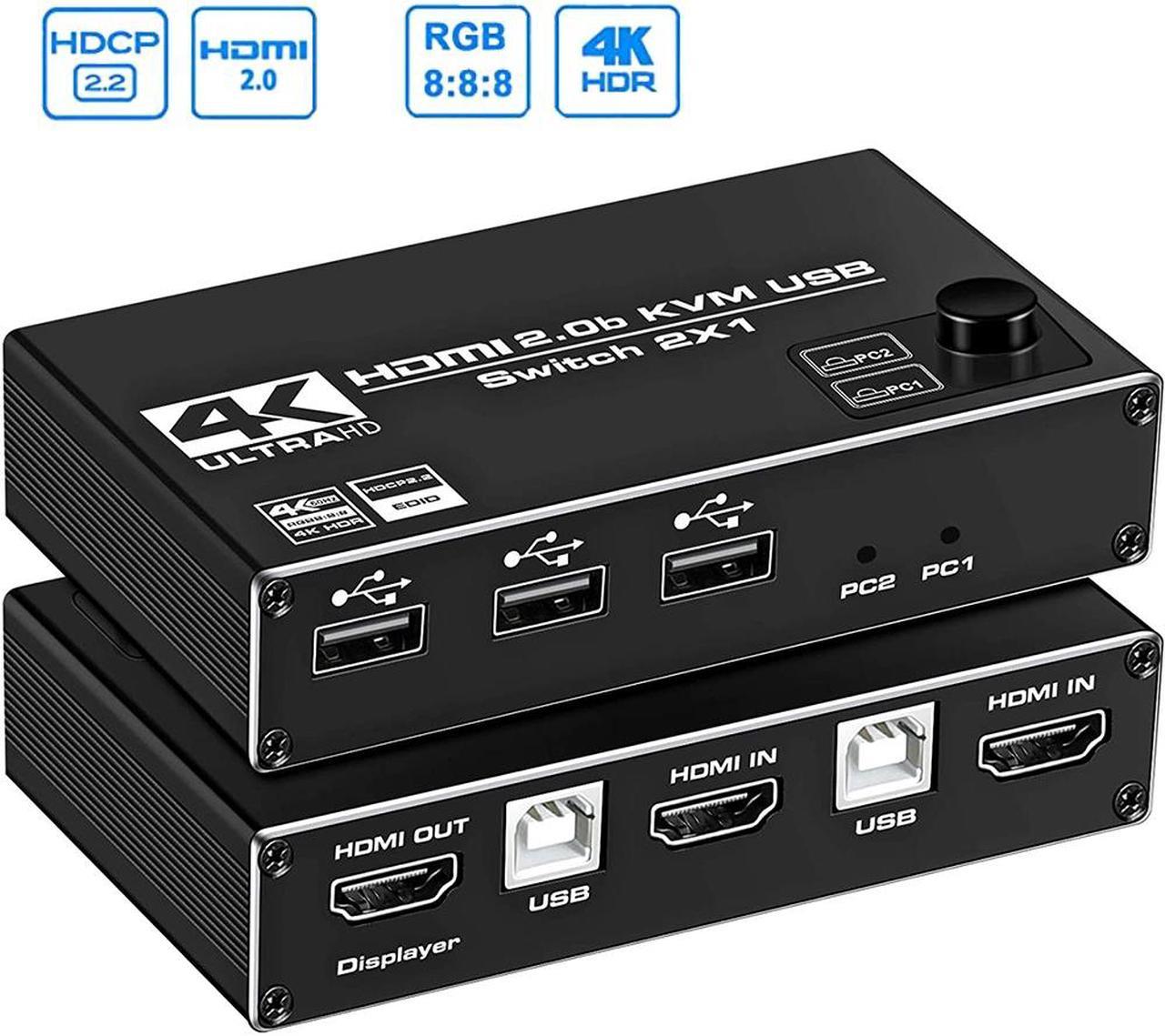 KVM Switch HDMI 2 Port, Support 4K @60Hz, USB Switcher with 3 USB 2.0 Ports, 2 Computers Share One Monitor, Keyboard and Mouse, with 2 USB Cables, No Power Require, Plug and Play