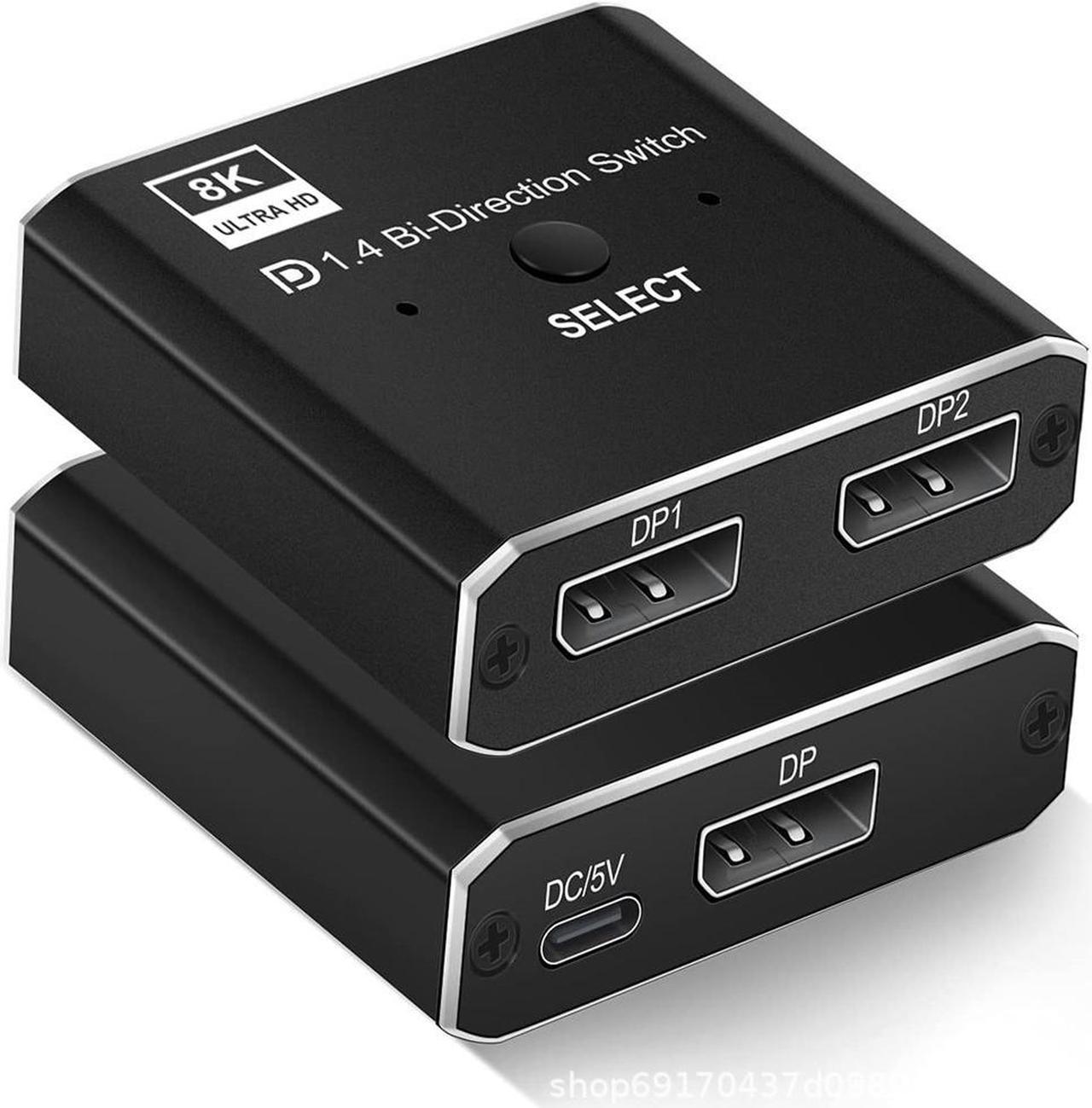 8K DisplayPort DP 1.4 Switch, Bi-Direction 1 in 2 Out, 2 in 1 Out Displayport DP Switch, 8K @30Hz 4K @120Hz Displayport Splitter Switcher for Multiple Source and displays