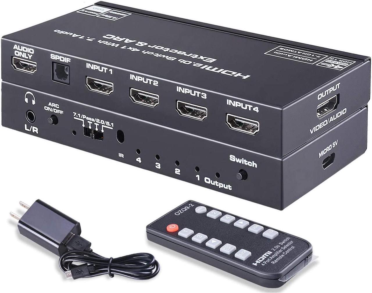 4 Port HDMI 2.0 Switch - 4x1 HDMI Switcher Selector with 7.1 Audio Extractor Optical SPDIF + L/R 3.5mm Audio Out Include IR Remote Support ARC 4K @60HZ HDCP 2.2 3D for PS4/ Roku/Xbox One