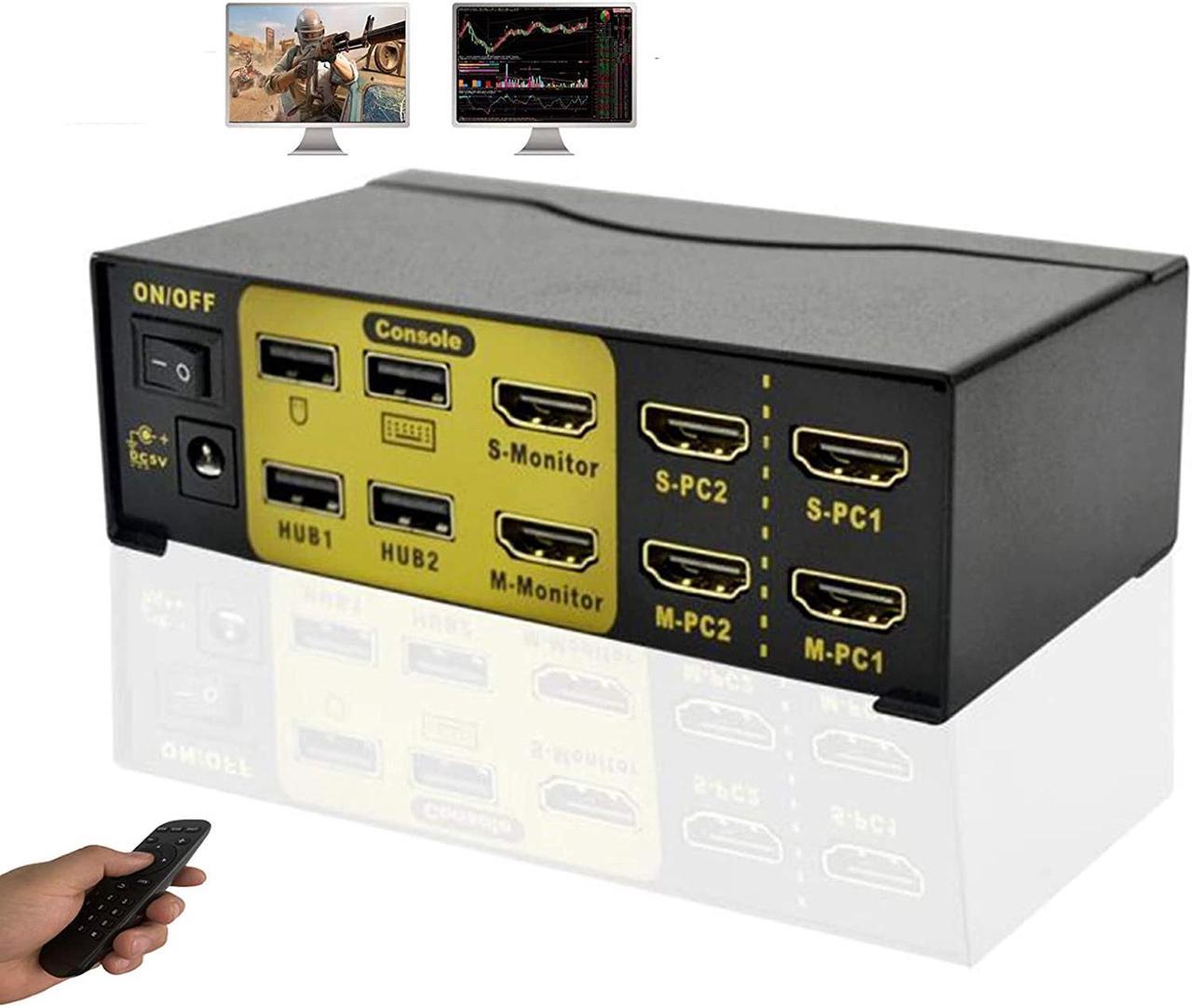 Dual Monitor HDMI KVM Switch 2 Port, USB Kvm Switch with USB 2.0 Hub,4k @30Hz,for 2 Computers Share Dual Video Screen and Keyboard Mouse, Dual Display/Screen 2 In 2 Out HDMI KVM Switch