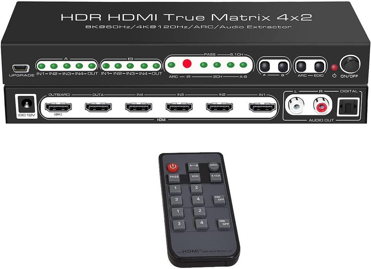 HDMI2.1 8K HDMI Matrix 4x2, 8K @30Hz 8K@60HZ 4K@60Hz 120Hz HDMI Switch HDR ARC/CEC Switch Splitter 4 in 2 Out Optical SPDIF 5.1CH + RCA Stereo Audio Extractor HDMI Switcher