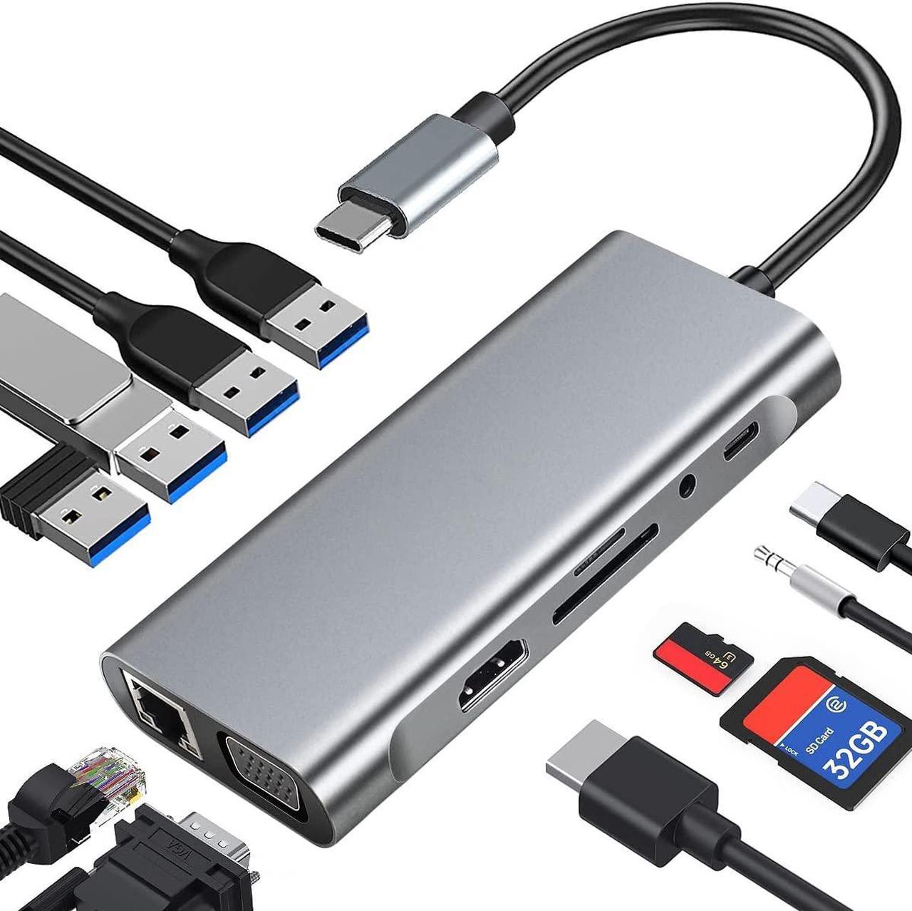 USB C Hub, 11 in 1 USB C Dock Multiport USB C Dongle with 4K HDMI, VGA, 10/100Mbps RJ45 Ethernet Adapter Port, 100W PD, 4 USB Ports, SD/TF Card Reader, 3.5mm Audio Port for MacBook, XPS, and More