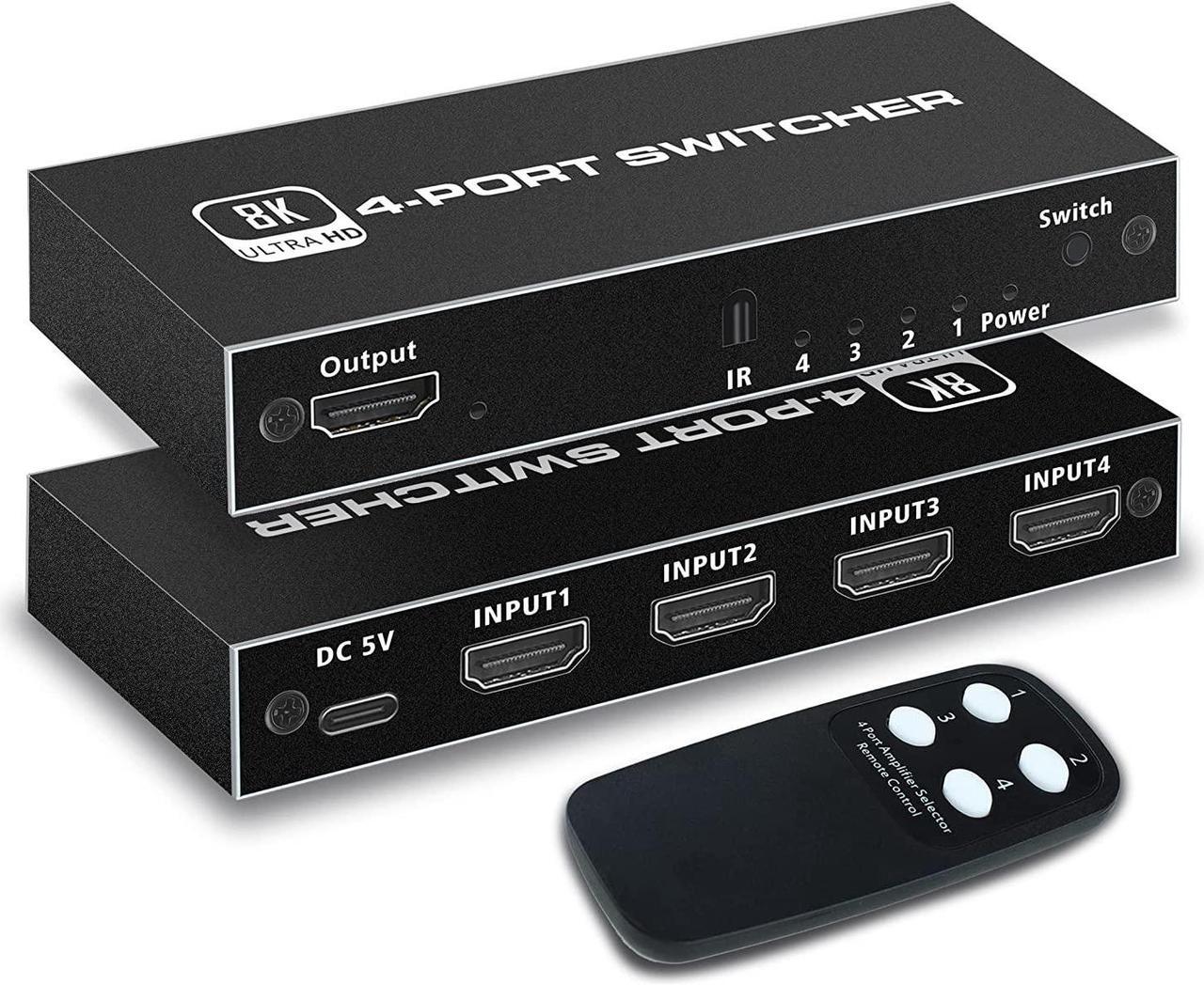 4 Ports 8K HDMI 2.1 Switch, HDMI Switcher 4 in 1 Out with IR Remote Control, 4K @60hz HDMI Switch Box 8K@60Hz/4K@120Hz, 48Gbps, Support for Nin-tendo Switch PS4/PS5, Xbox 360/One Fire tv Stick