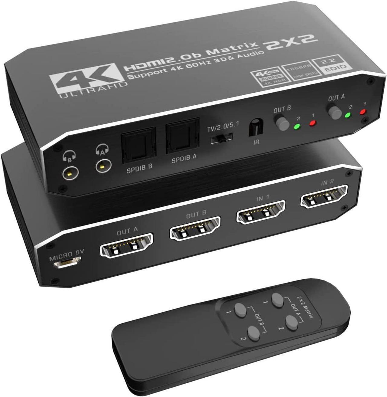 2x2 4K HDMI Switch, 2x2 HDMI Matrix Switcher, 4K 60Hz Video Switcher 2 in 2 Out Splitter Support Optical and 3.5mm Audio Output with IR Remote Controller Compatible with 3D, HDMI 2.0b, HDCP 2.2