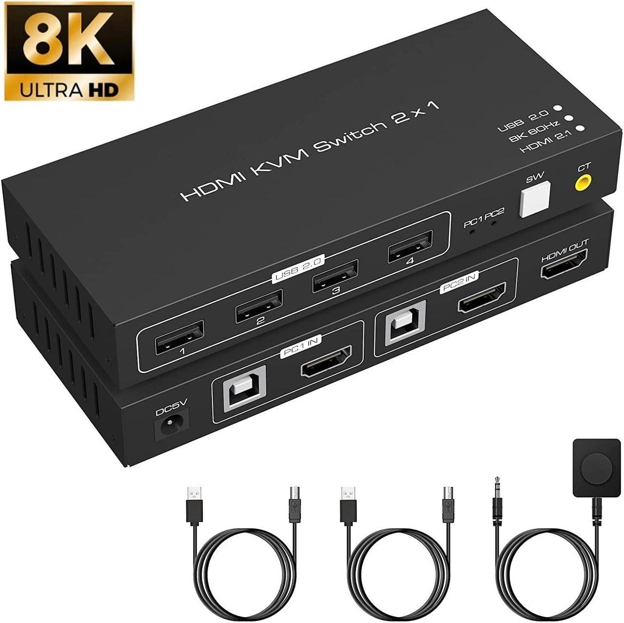 8K HDMI KVM Switch 2 Port 8K @60Hz, 2 in 1 Out HDMI KVM Switch 4 Port USB 2.0 for 2 Computers 1 Monitor Share Keyboard Mouse Printer Support Wire-Desktop Controller Including 2 USB 2.0 Cable