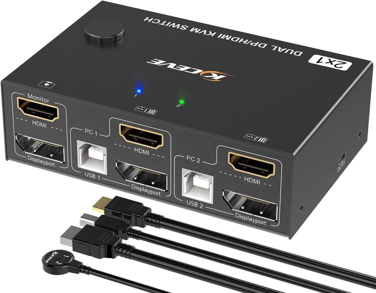 Dual Monitor KVM Switch HDMI and DP 2 Port 4K @60Hz, Extended Display Switcher for 2 Computers Share 2 Monitors (1 Displayport and 1 HDMI) with 4 USB 2.0 Hub, Desktop Controller and USB HDMI DP Cables