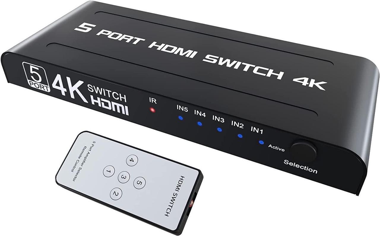 5 Ports HDMI Switch with Remote - HDMI Switcher 5 in 1 Out, HDMI Switcher 4K, 5 * HDMI 1.4 Port, Support 4K @30Hz TV, 3D Audio Video Sync, Plug&Play, Compatible with PS5 PS4 Xbox Fire Stick Roku etc.