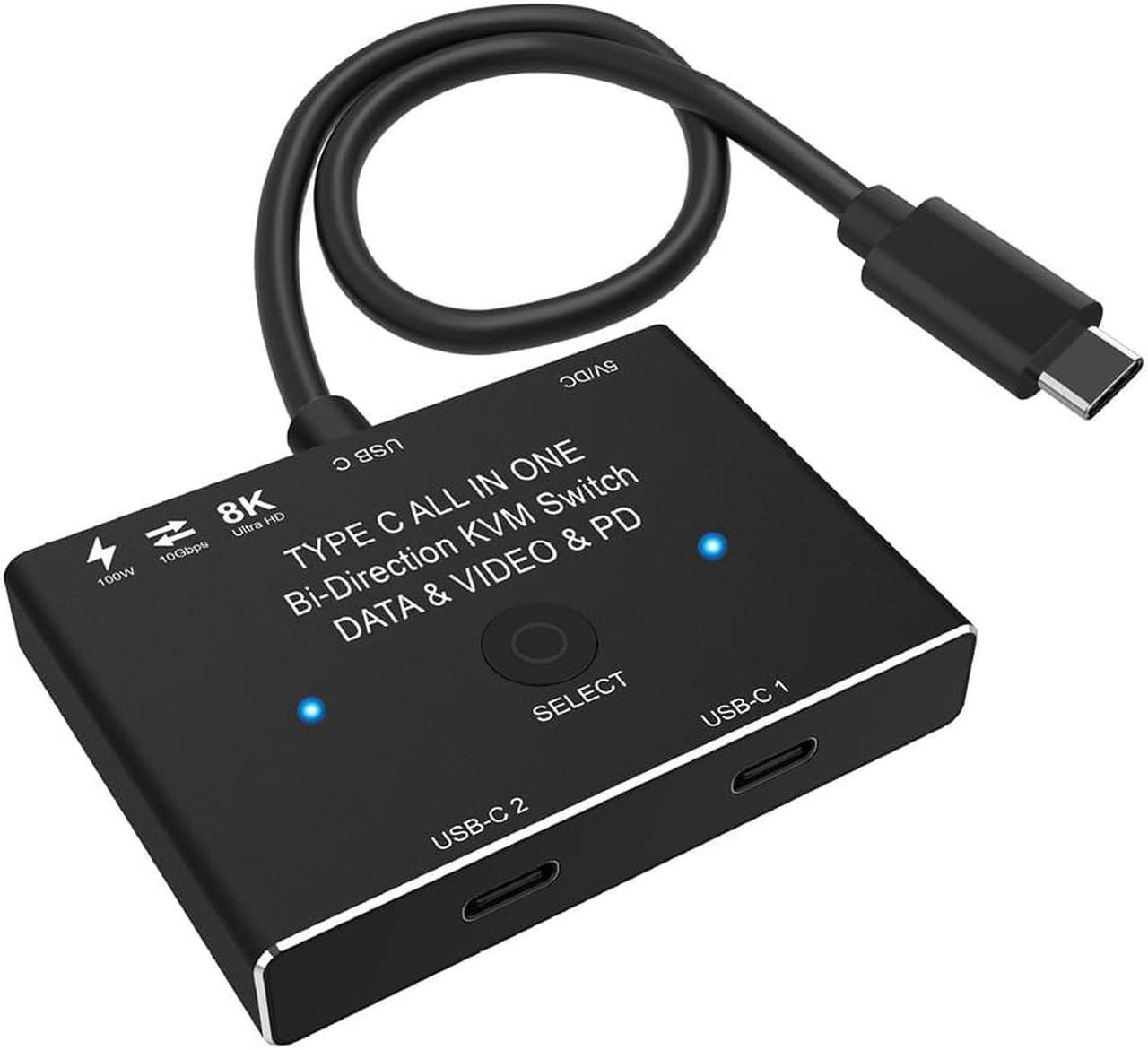 USB C Switch, Bi-Directional USB-C Switcher 2 Computers, USB Type C KVM Switch 8K @60Hz 4K@120Hz Video/10Gbps Data Transfer/100W Charging,Compatible with Thunderbolt Device (Black)