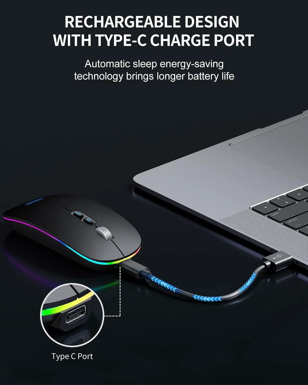 Alt view image 4 of 7 - LED Bluetooth Mouse, Rechargeable Silent Bluetooth Wireless Mouse Dual Mode (BT 5.1 + 2.4G USB) with Home Button, Portable Optical RGB Cordless Mice for Laptop Computer PC Mac, Black
