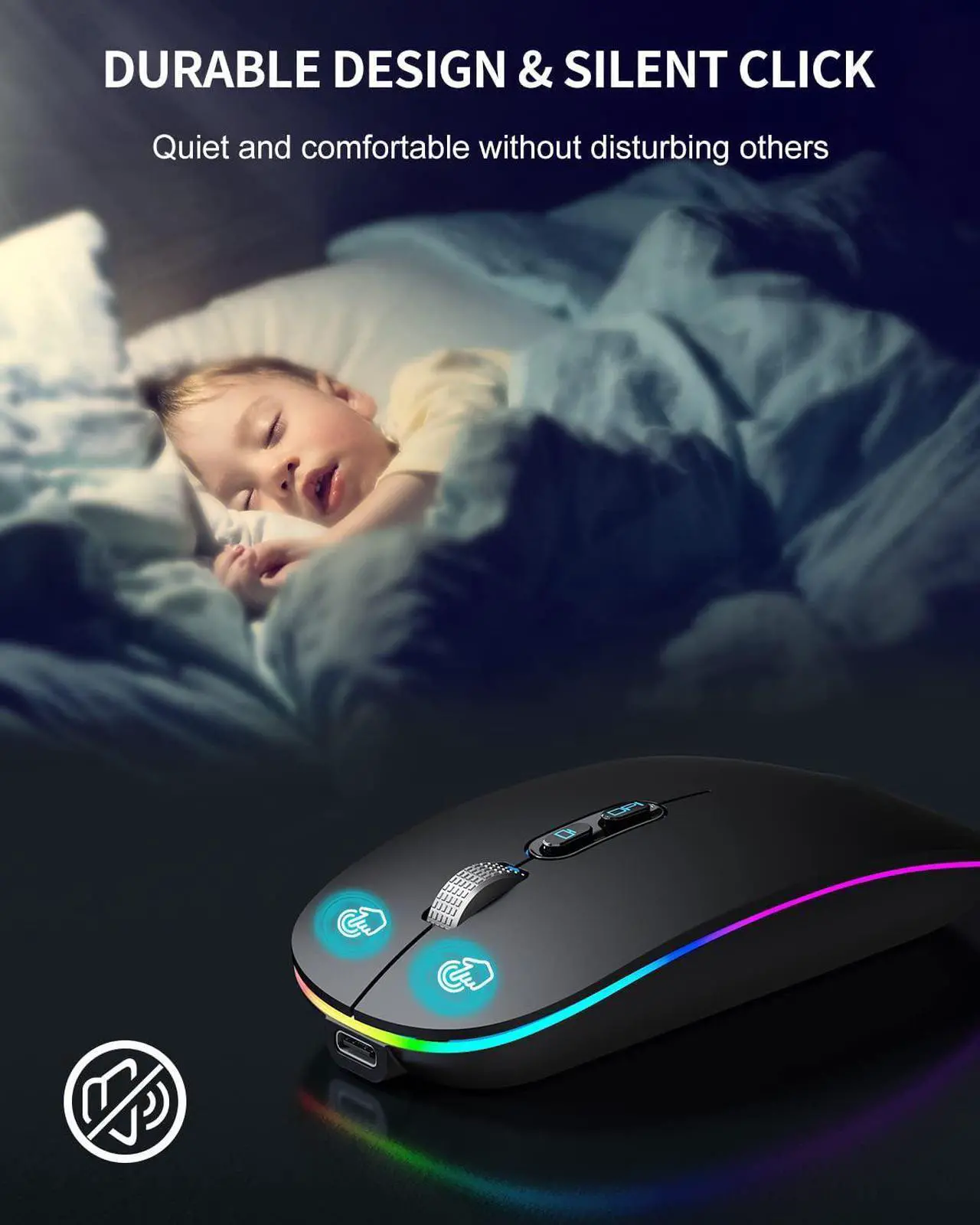 Alt view image 5 of 7 - LED Bluetooth Mouse, Rechargeable Silent Bluetooth Wireless Mouse Dual Mode (BT 5.1 + 2.4G USB) with Home Button, Portable Optical RGB Cordless Mice for Laptop Computer PC Mac, Black