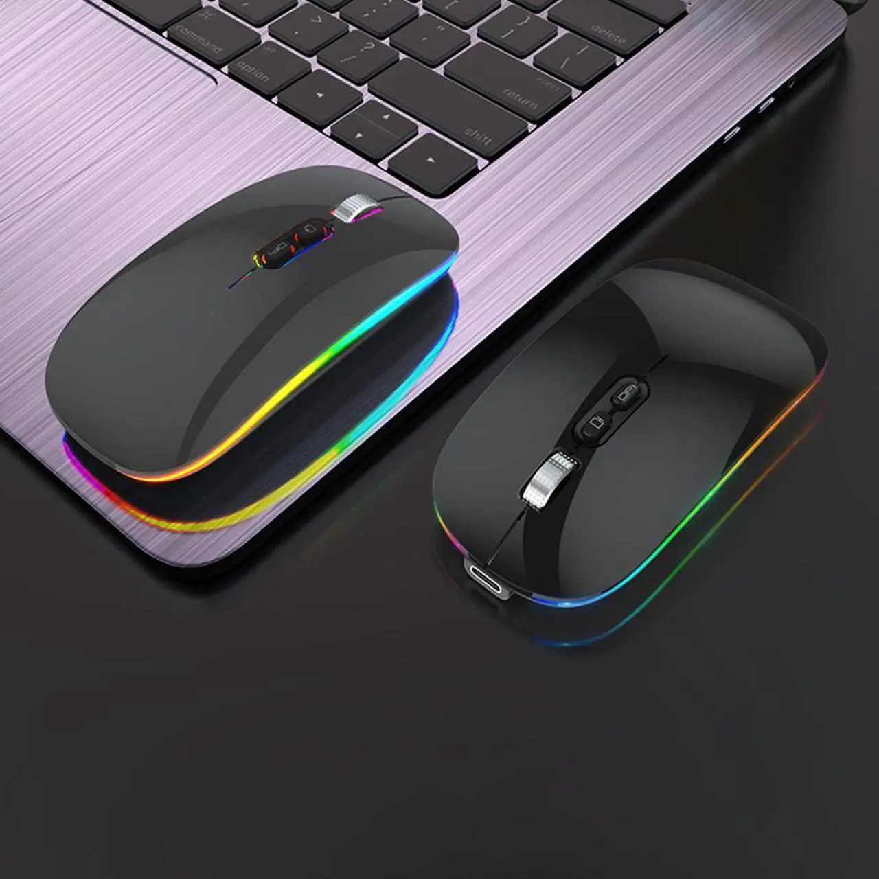 Alt view image 7 of 7 - LED Bluetooth Mouse, Rechargeable Silent Bluetooth Wireless Mouse Dual Mode (BT 5.1 + 2.4G USB) with Home Button, Portable Optical RGB Cordless Mice for Laptop Computer PC Mac, Black
