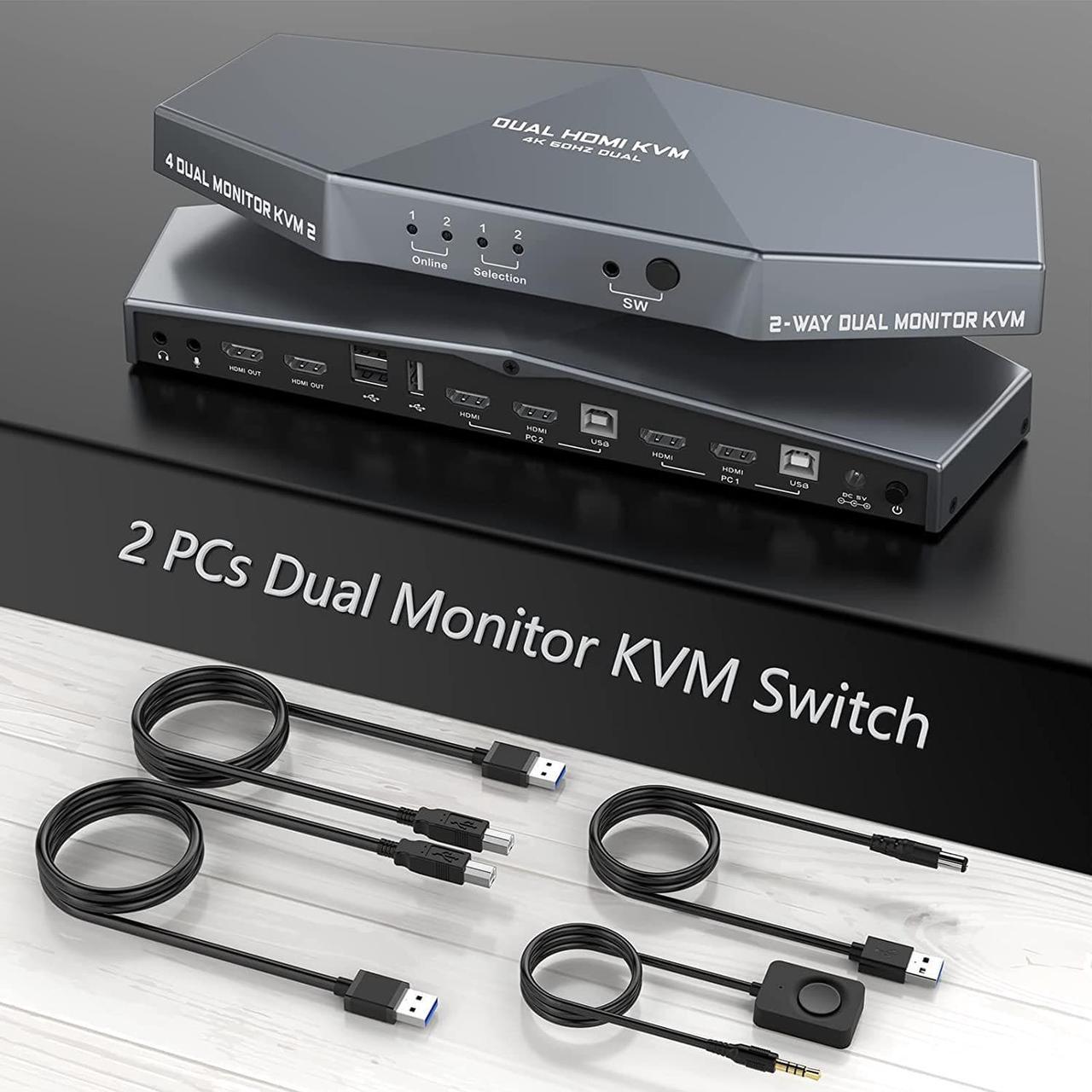 [Upgraded Version] 2 PCs Dual Monitor KVM Switch Box, 4K HDMI KVM Switch Dual Monitor Suitable for 2 Computers + 2 Monitors with Audio, USB Powered, Hotkey Switch, 4K Monitor hdmi Switch with Cables