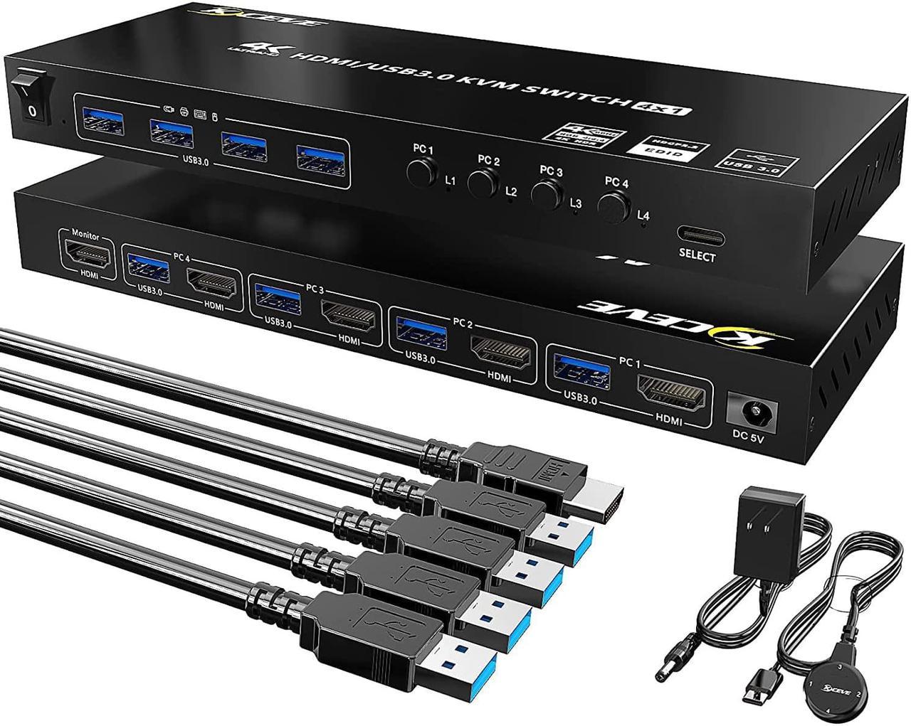 USB 3.0 HDMI KVM Switch 4 Port Support 4K @60Hz RGB 4:4:4, USB Hub HDR EDID HDMI USB Switch 4 in 1 Out and 4 USB 3.0 Port for Keyboard Mouse Printer, with Controller, USB 3.0 Cables and HDMI-Cable