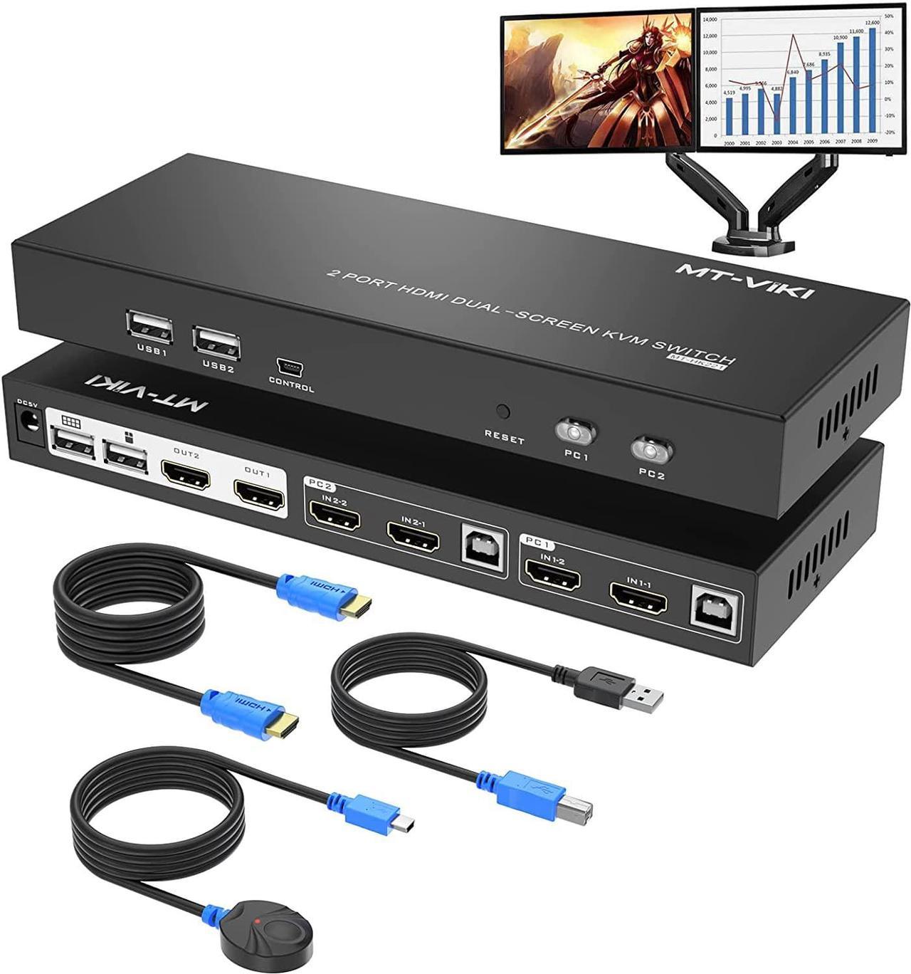 Dual Monitor HDMI KVM Switch 2 Port, 4K @60Hz USB HDMI Extended Display Switcher for 2 Computers Share 2 Monitors and 4 USB 2.0 Hub, Desktop Controller & USB Cables HD MI Cables Included