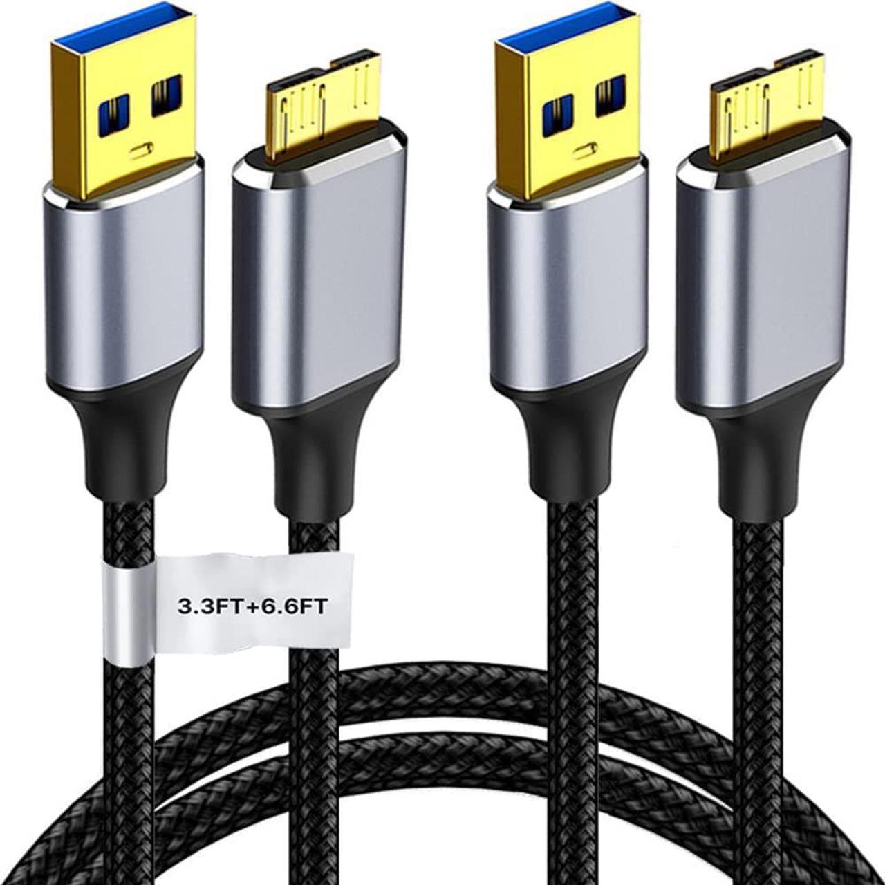 [3.3FT+6.6FT] Micro B to USB 3.0 Cable, USB A Male to Micro B Cable 2 Pack External Hard Drive Cable Nylon Braided Cord for S-a-m-s-u-n-g S5/Note 3, Camera,Tos-hiba, Sea-gate Hard Drive, WD Hard Drive