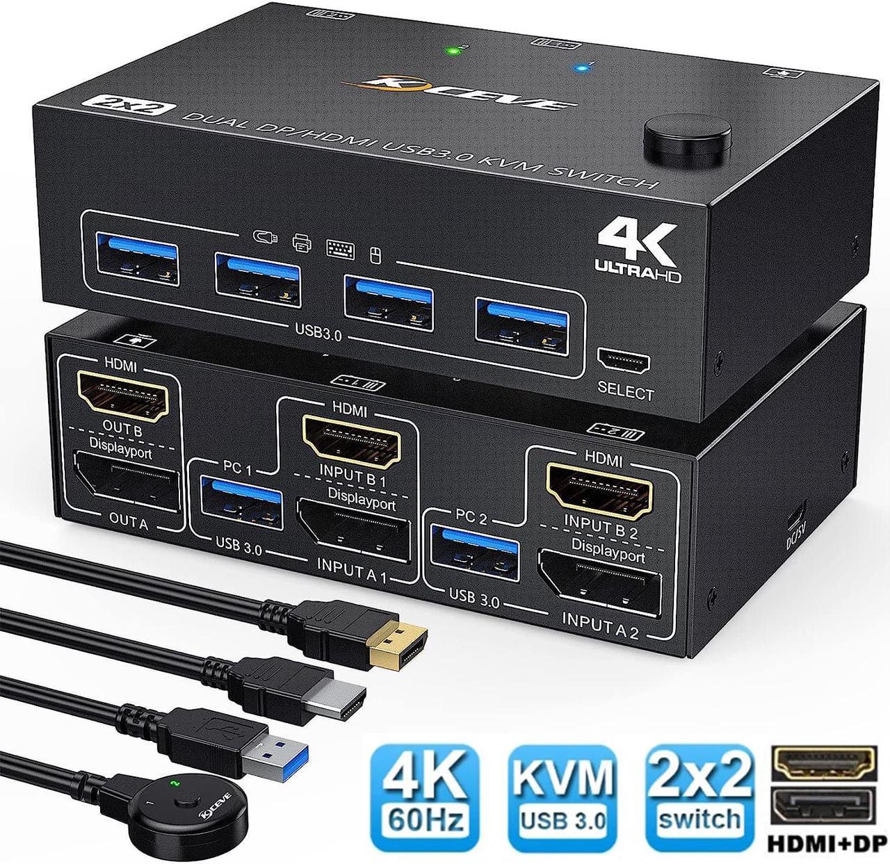 2 Port Displayport + HDMI Dual Monitor KVM Switch USB 3.0, HDMI DP Extended Display Switcher for 2 Computers Share 2 Monitors Support 4K @60Hz with 4 USB 3.0 Ports, Wired Remote and 4 Cables Included