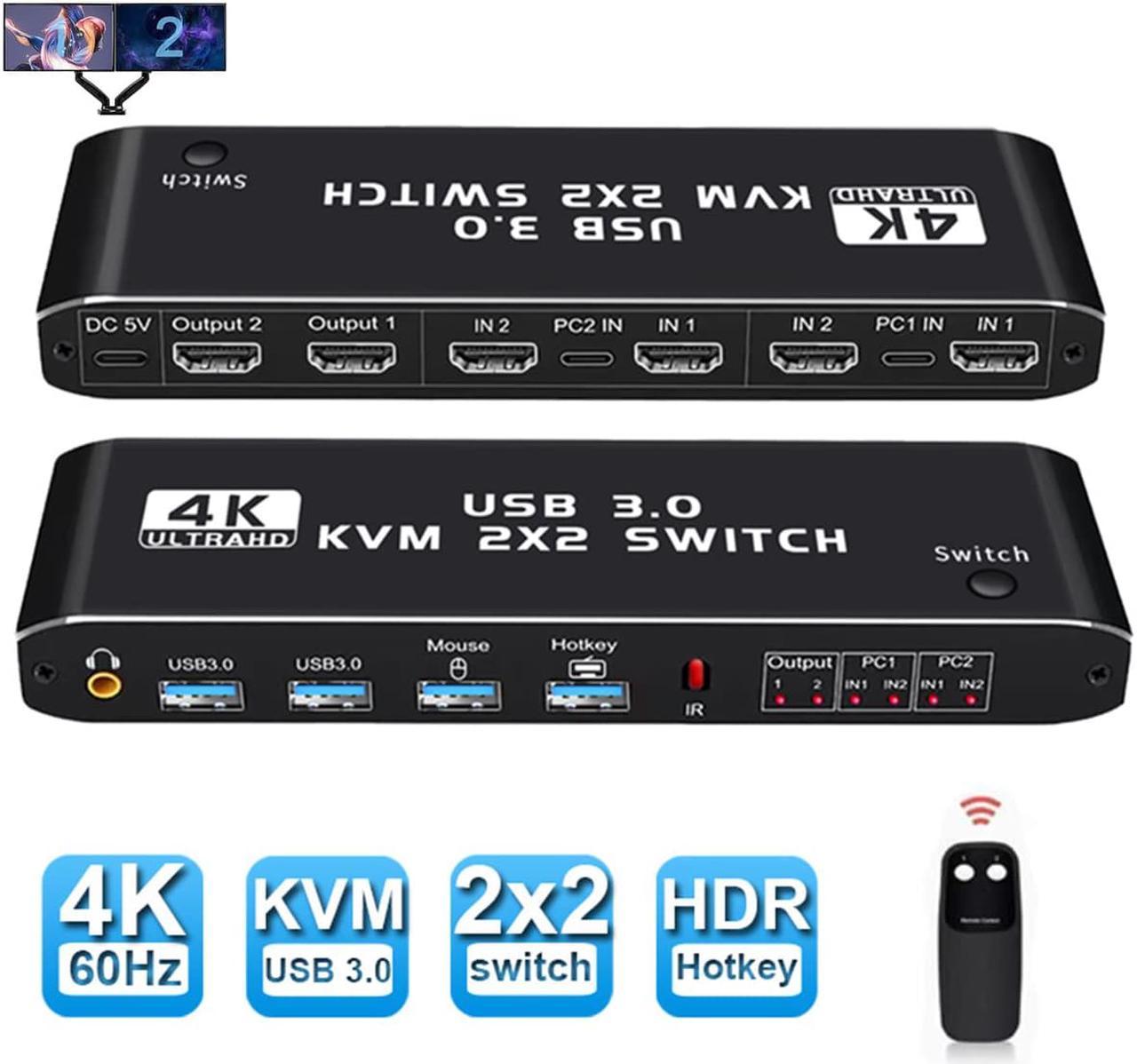 Dual Monitor HDMI KVM Switch 2 Monitors 2 Computers 2 in 2 Out, 4K @60Hz USB HDMI KVM Switches with Audio HDMI2.0 Ports+4x USB 3.0, Supports 4K 60Hz, RGB 4:4:4, HDR, HDCP, Hotkey, Darkish (USB 3.0)