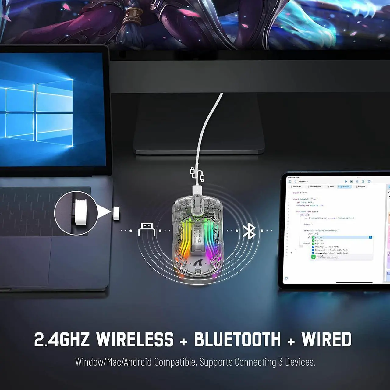 Alt view image 4 of 7 - Wireless Gaming Mouse, Tri-Mode Wireless Mouse-2.4Ghz/Bluetooth 5.0/USB C Wired, 5 Adjustable DPI, Ergonomic PC Gaming Mice with Transparent Shell-PAW Sensor-RGB Backlit-Silent Click for Win/MAC