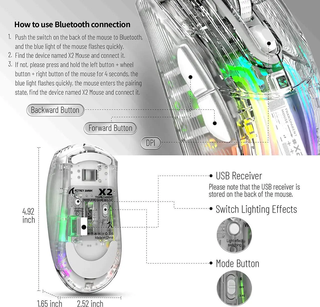 Alt view image 3 of 7 - Wireless Gaming Mouse, Tri-Mode Wireless Mouse-2.4Ghz/Bluetooth 5.0/USB C Wired, 5 Adjustable DPI, Ergonomic PC Gaming Mice with Transparent Shell-PAW Sensor-RGB Backlit-Silent Click for Win/MAC