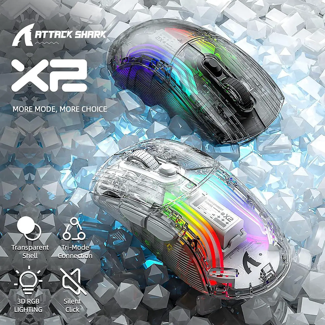 Alt view image 2 of 7 - Wireless Gaming Mouse, Tri-Mode Wireless Mouse-2.4Ghz/Bluetooth 5.0/USB C Wired, 5 Adjustable DPI, Ergonomic PC Gaming Mice with Transparent Shell-PAW Sensor-RGB Backlit-Silent Click for Win/MAC