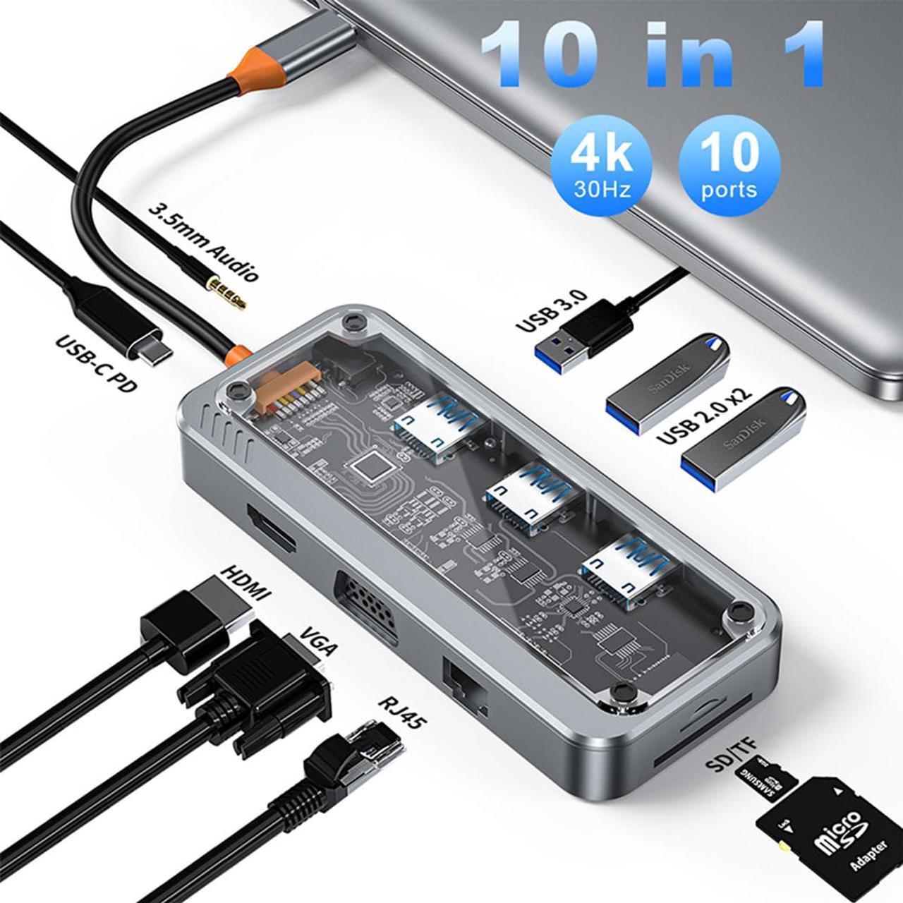 Transparent USB C Hub, 10-in-1 Type C Docking Station with RJ45 Ethernet Type C Adapter USB3.0/USB2.0 4K@30Hz HDMI VGA SD/TF Card Reader USB-C PD 3.0 3.5mm Audio Compatible with Type C Laptops